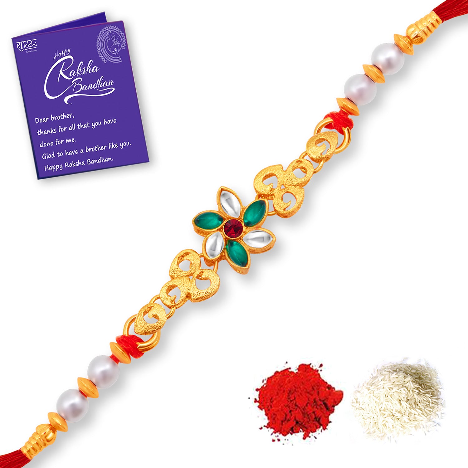 Sukkhi Delicate Gold Plated Floral Rakhi Combo (Set of 2) with Roli Chawal and Raksha Bandhan Greeting Card For Men