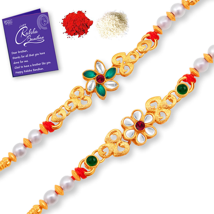 Sukkhi Delicate Gold Plated Floral Rakhi Combo (Set of 2) with Roli Chawal and Raksha Bandhan Greeting Card For Men