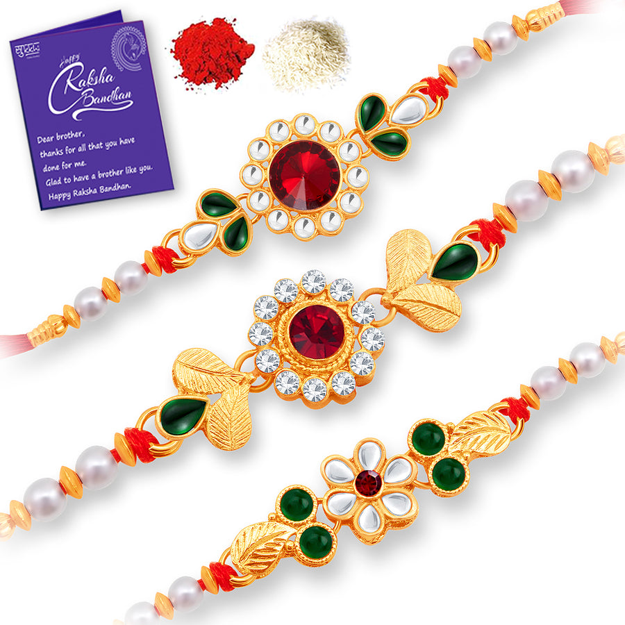 Sukkhi Traditional Gold Plated Rakhi Combo (Set of 3) with Roli Chawal and Raksha Bandhan Greeting Card For Men