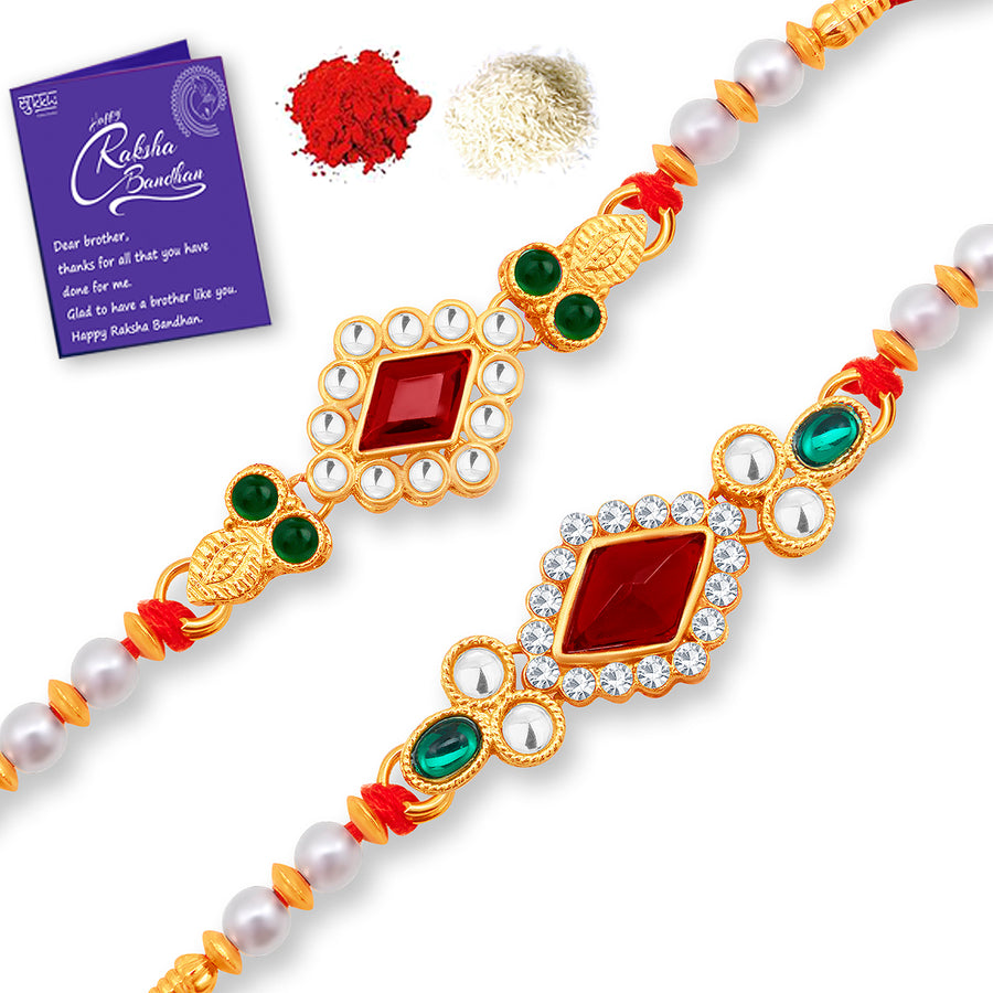 Sukkhi Exclusive Gold Plated Rakhi Combo (Set of 2) with Roli Chawal and Raksha Bandhan Greeting Card For Men