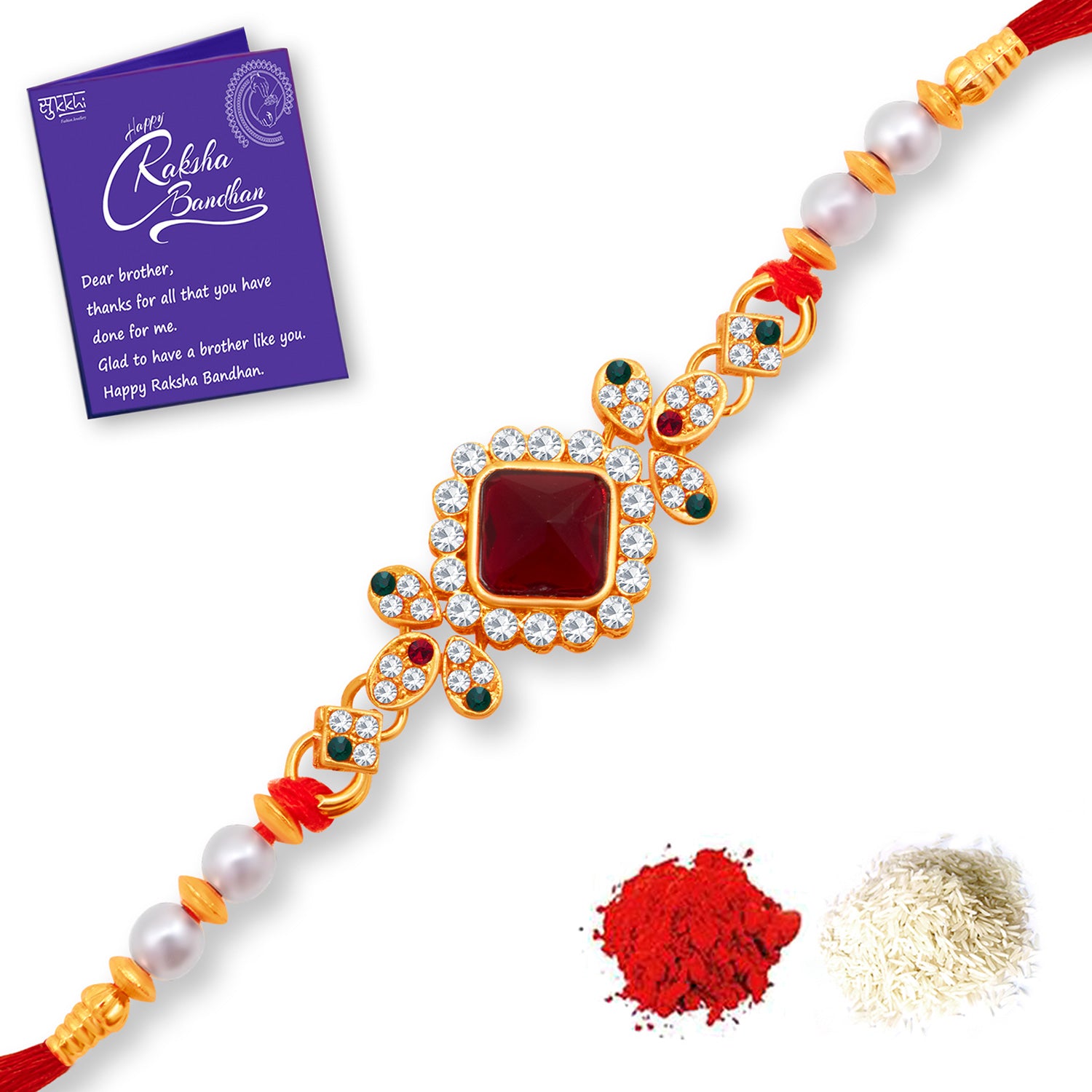 Sukkhi Designer Gold Plated Rakhi Combo (Set of 2) with Roli Chawal and Raksha Bandhan Greeting Card For Men
