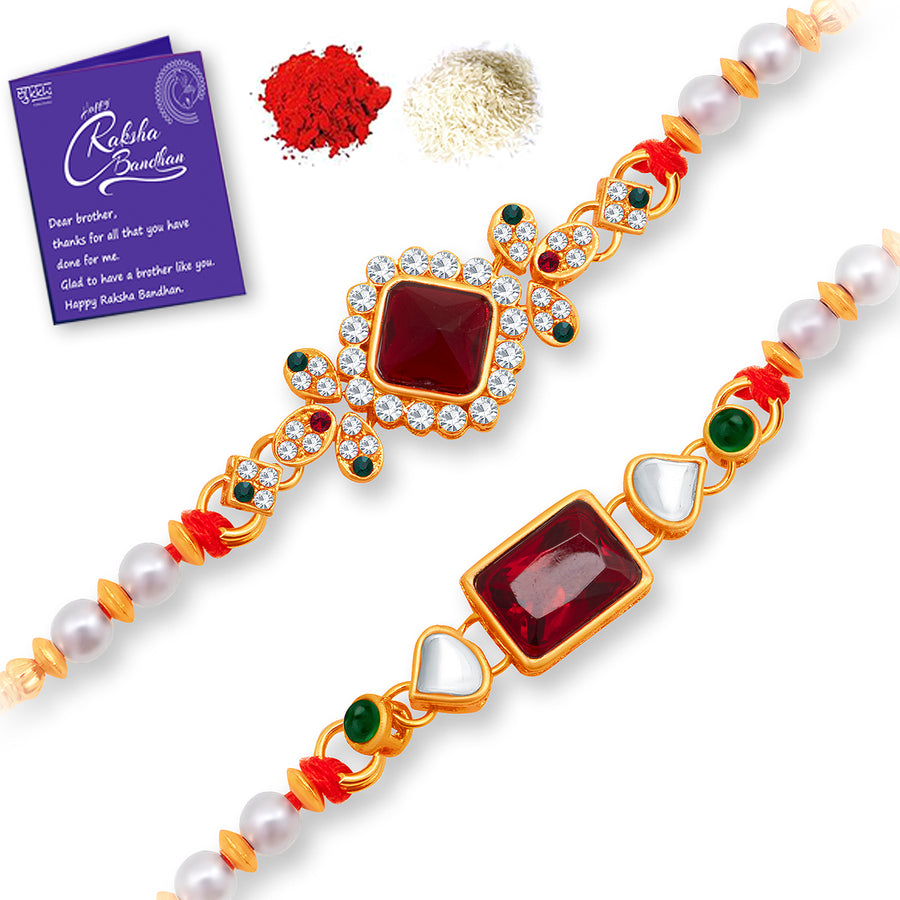 Sukkhi Designer Gold Plated Rakhi Combo (Set of 2) with Roli Chawal and Raksha Bandhan Greeting Card For Men