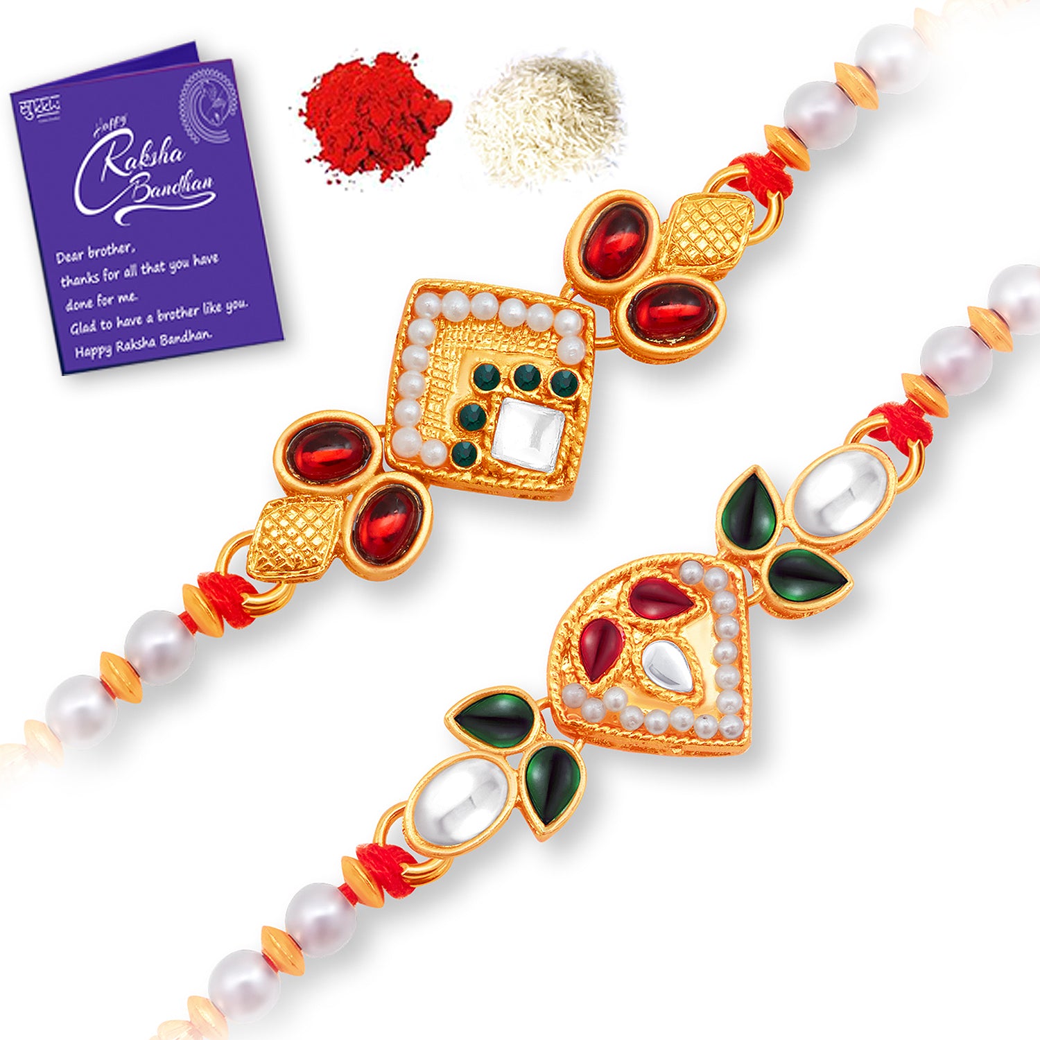 Sukkhi Elegant Gold Plated Rakhi Combo (Set of 2) with Roli Chawal and Raksha Bandhan Greeting Card For Men
