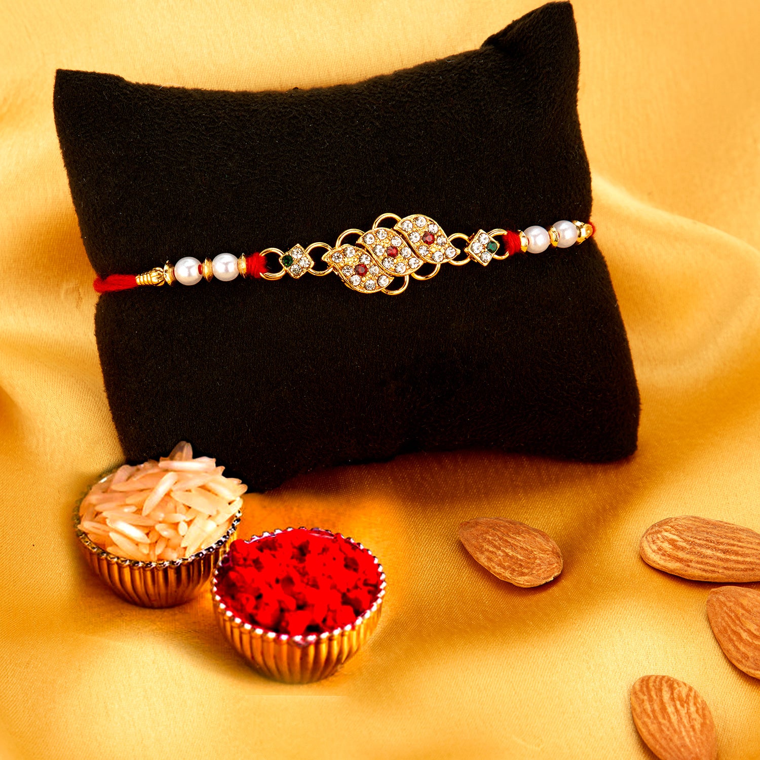 Sukkhi Glorious Gold Plated Rakhi Combo (Set of 3) with Roli Chawal and Raksha Bandhan Greeting Card For Men