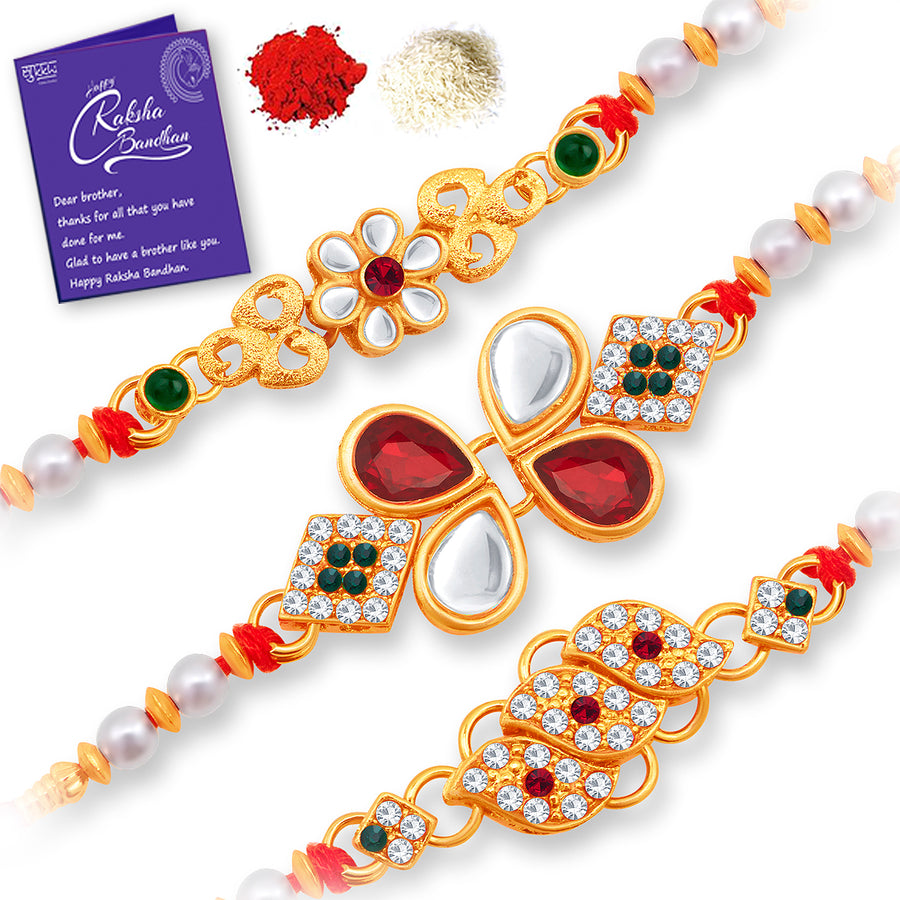 Sukkhi Glorious Gold Plated Rakhi Combo (Set of 3) with Roli Chawal and Raksha Bandhan Greeting Card For Men
