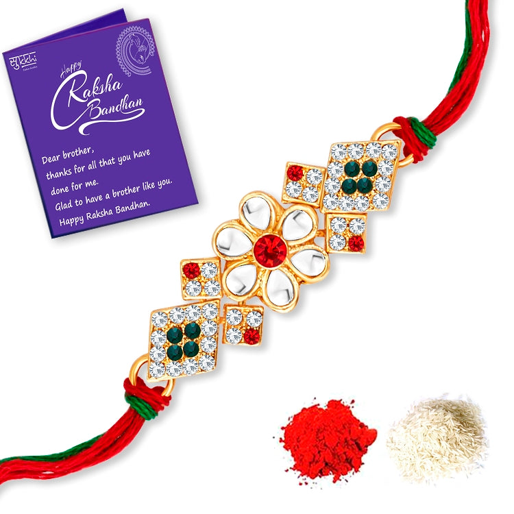 Sukkhi Glorious Gold Plated Floral Rakhi Combo (Set of 2) with Roli Chawal and Raksha Bandhan Greeting Card For Men
