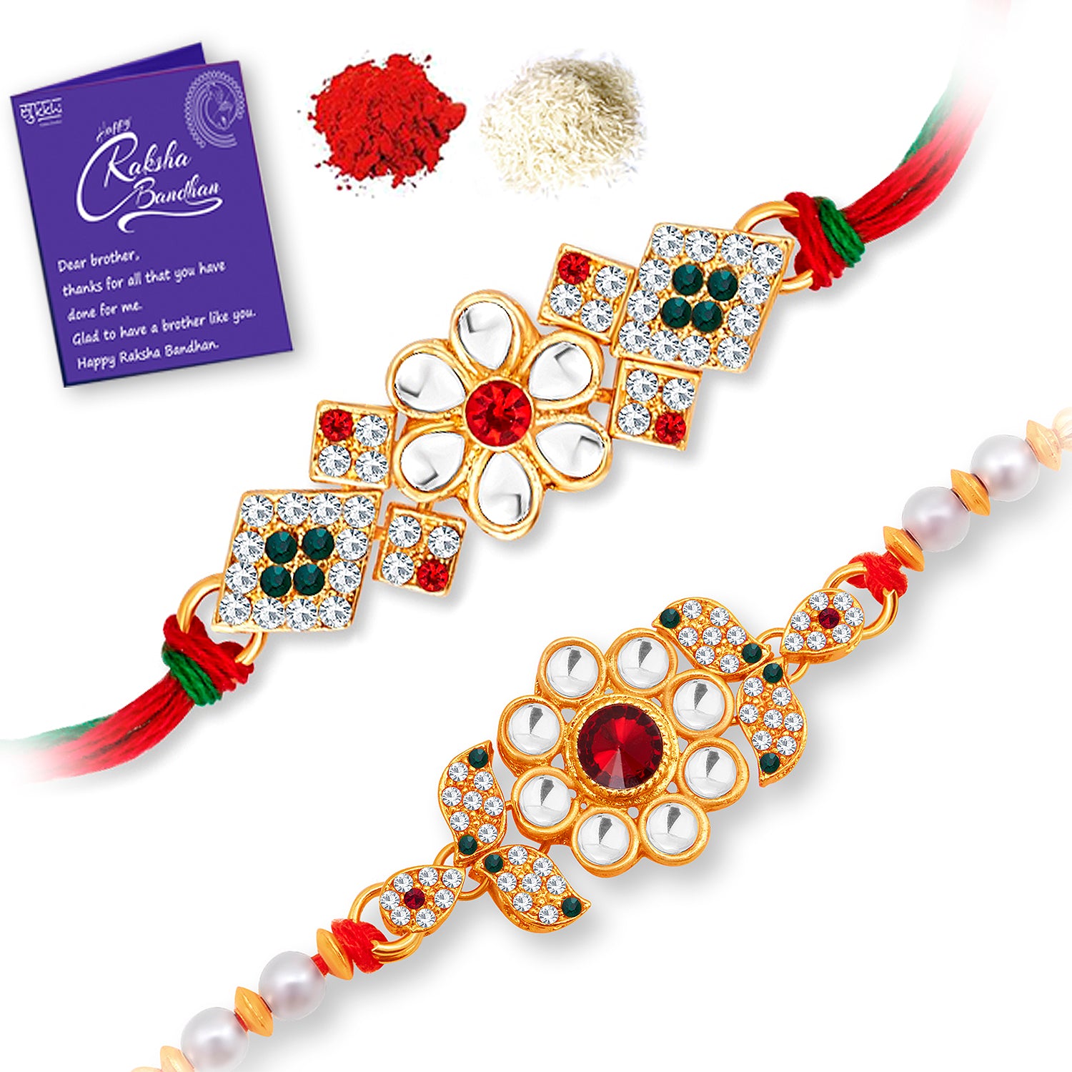 Sukkhi Glorious Gold Plated Floral Rakhi Combo (Set of 2) with Roli Chawal and Raksha Bandhan Greeting Card For Men