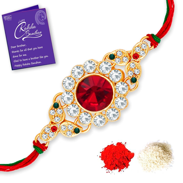 Sukkhi Delightful Gold Plated Rakhi Combo (Set of 2) with Roli Chawal and Raksha Bandhan Greeting Card For Men