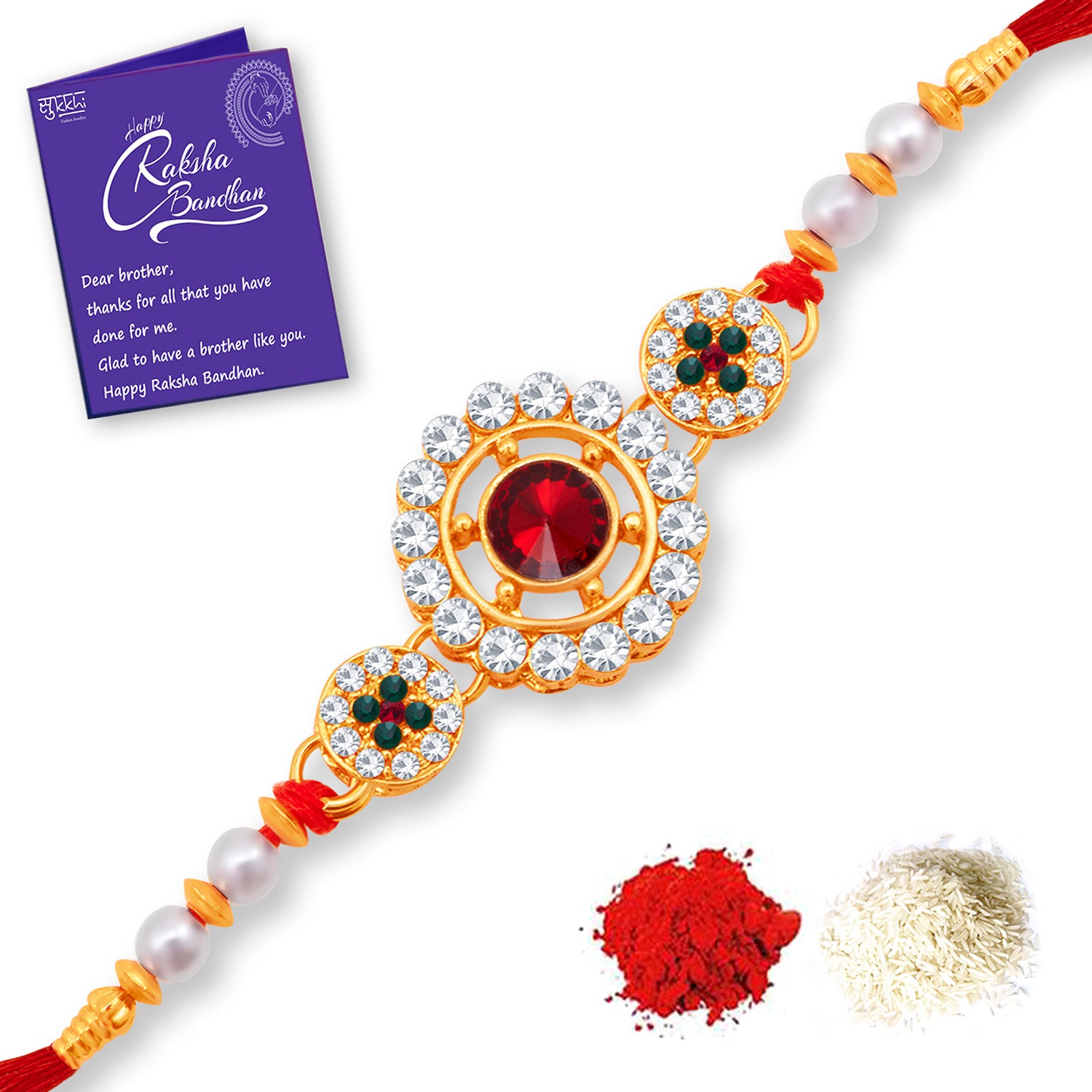 Sukkhi Delightful Gold Plated Rakhi Combo (Set of 2) with Roli Chawal and Raksha Bandhan Greeting Card For Men