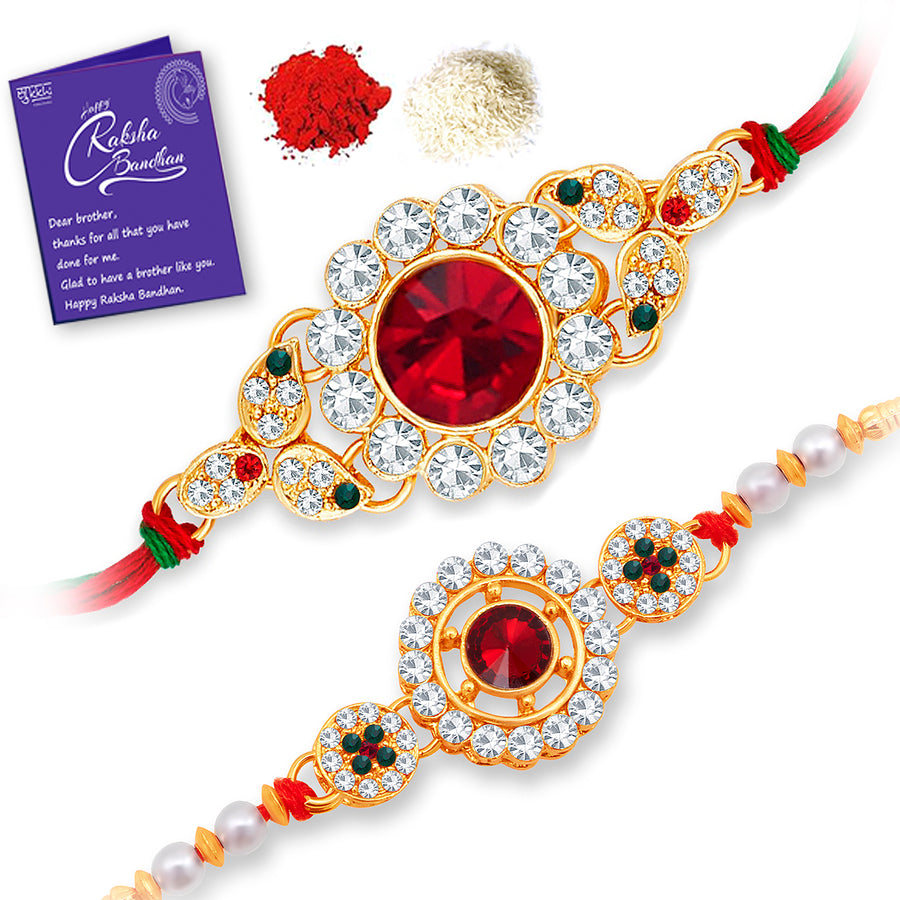 Sukkhi Delightful Gold Plated Rakhi Combo (Set of 2) with Roli Chawal and Raksha Bandhan Greeting Card For Men