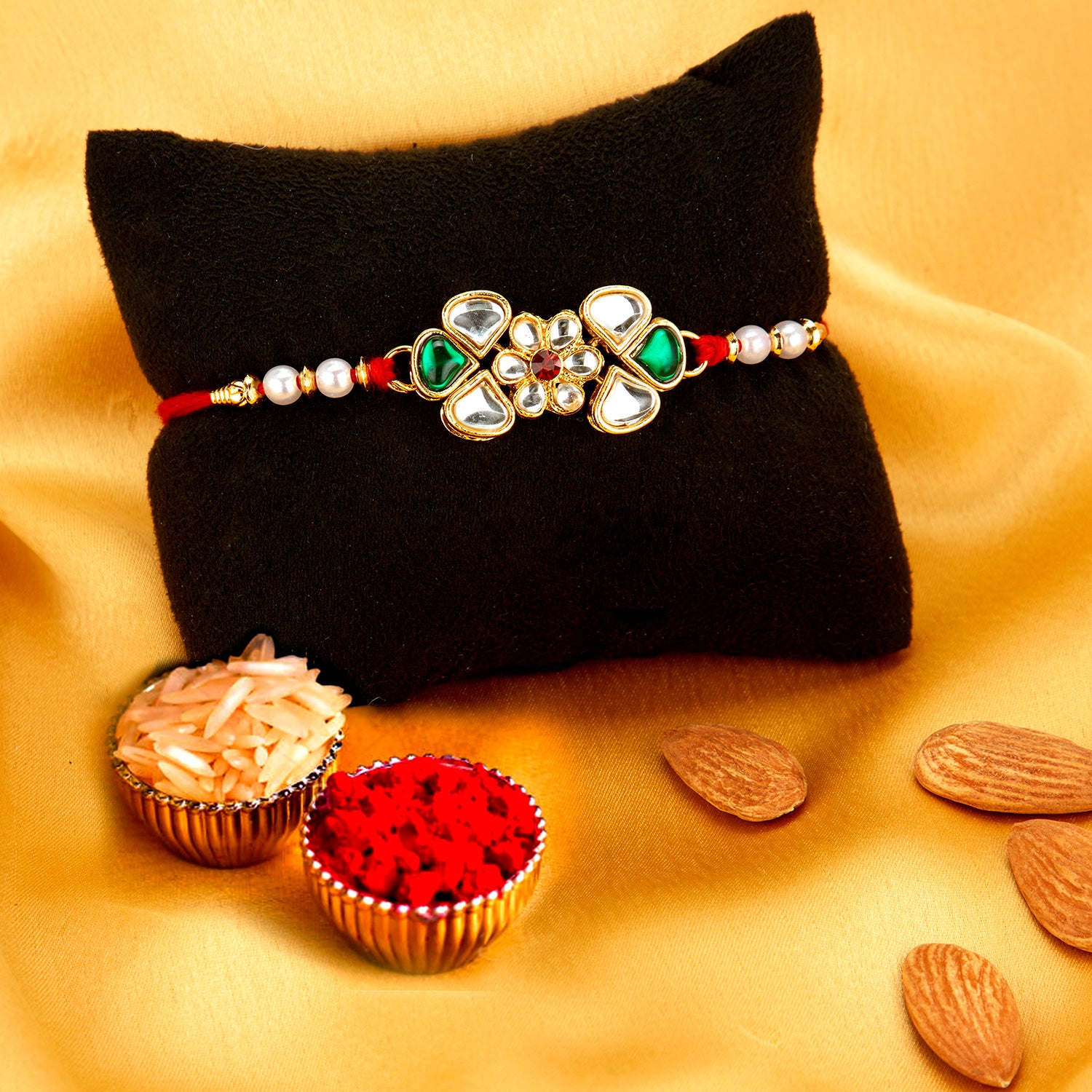 Sukkhi Lovely Gold Plated Floral Rakhi Combo (Set of 2) with Roli Chawal and Raksha Bandhan Greeting Card For Men