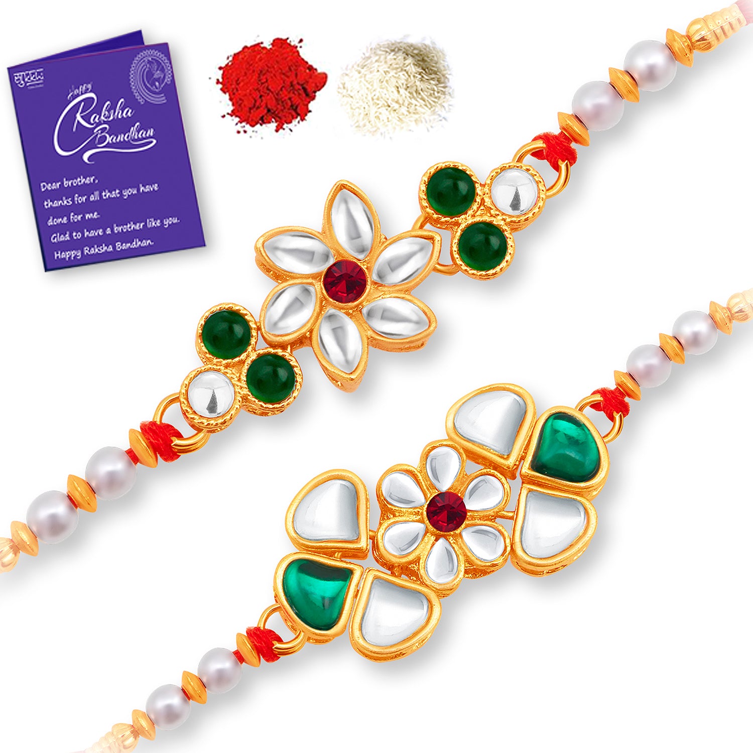 Sukkhi Lovely Gold Plated Floral Rakhi Combo (Set of 2) with Roli Chawal and Raksha Bandhan Greeting Card For Men