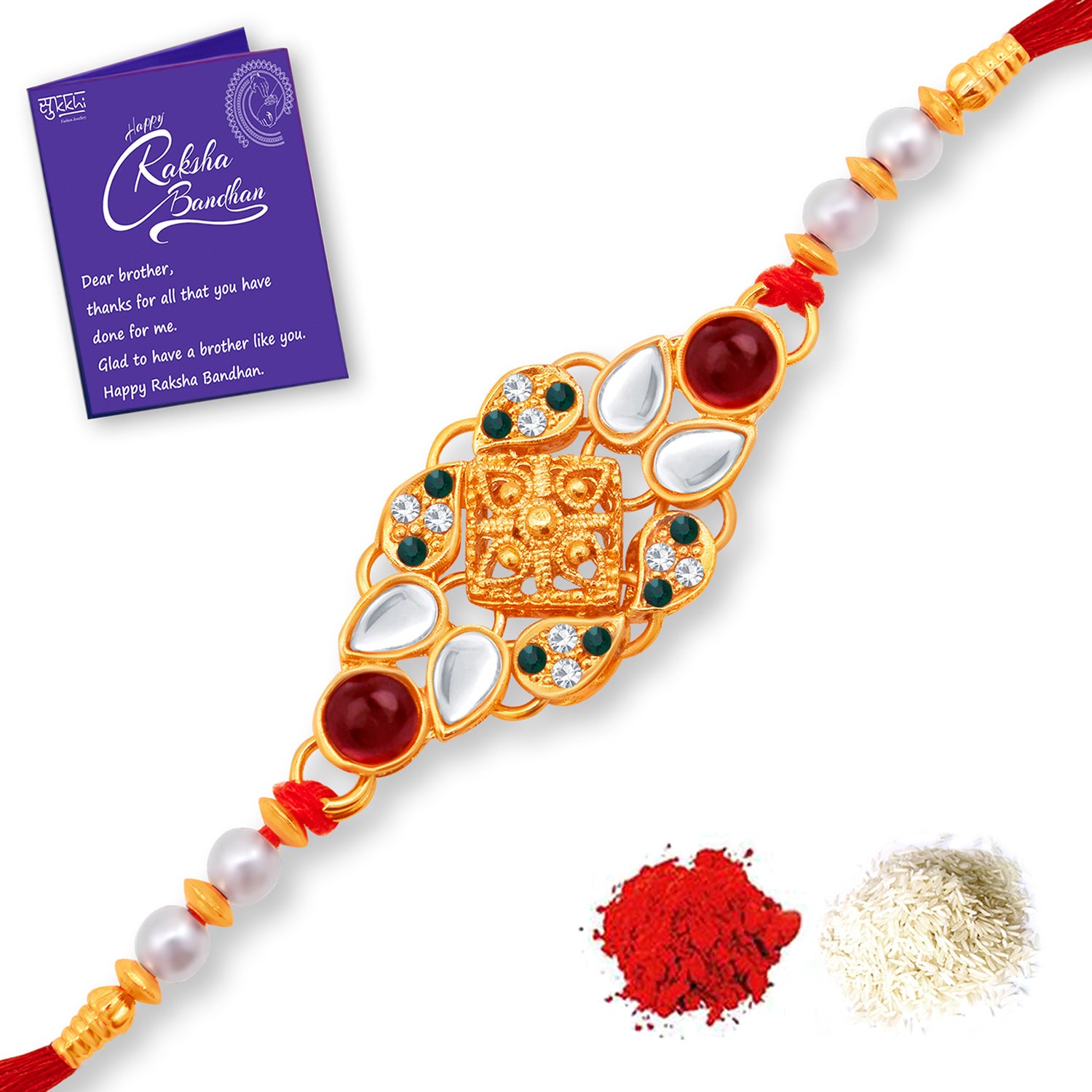 Sukkhi Incrediable Gold Plated Rakhi Combo (Set of 3) with Roli Chawal and Raksha Bandhan Greeting Card For Men