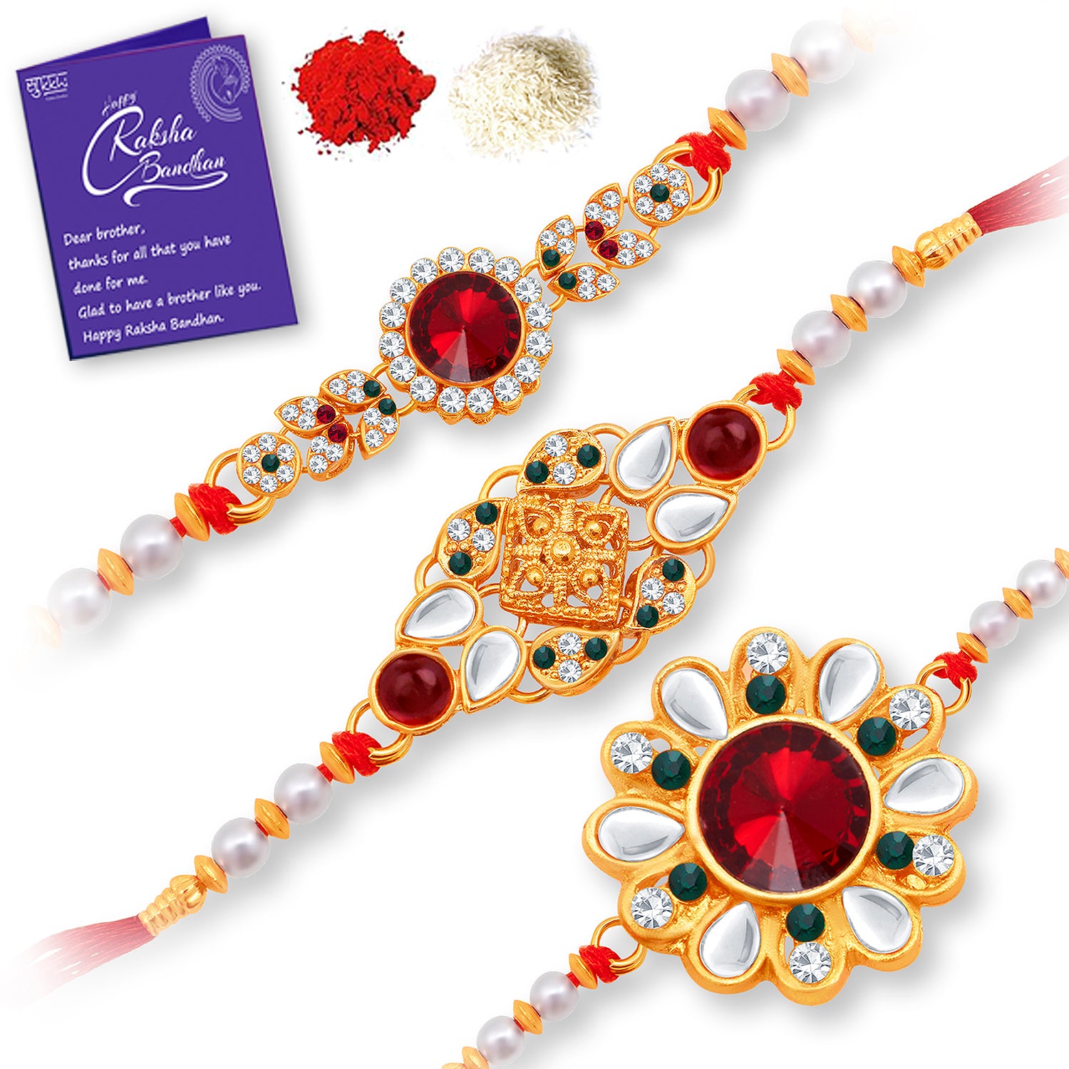 Sukkhi Incrediable Gold Plated Rakhi Combo (Set of 3) with Roli Chawal and Raksha Bandhan Greeting Card For Men
