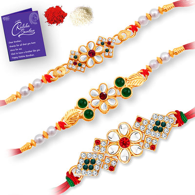 Sukkhi Classic Gold Plated Floral Rakhi Combo (Set of 3) with Roli Chawal and Raksha Bandhan Greeting Card For Men