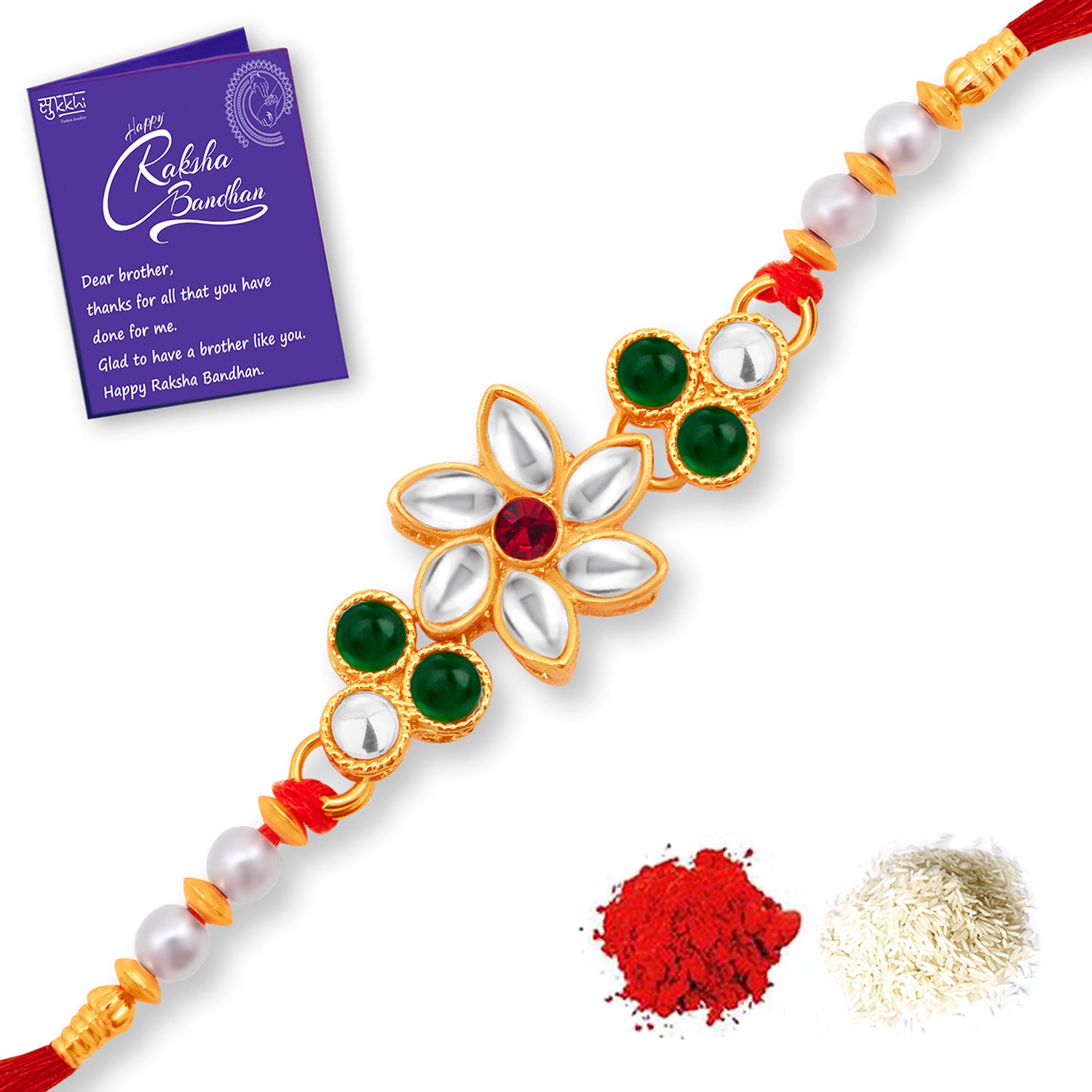 Sukkhi Exclusive Gold Plated Floral Rakhi Combo (Set of 3) with Roli Chawal and Raksha Bandhan Greeting Card For Men