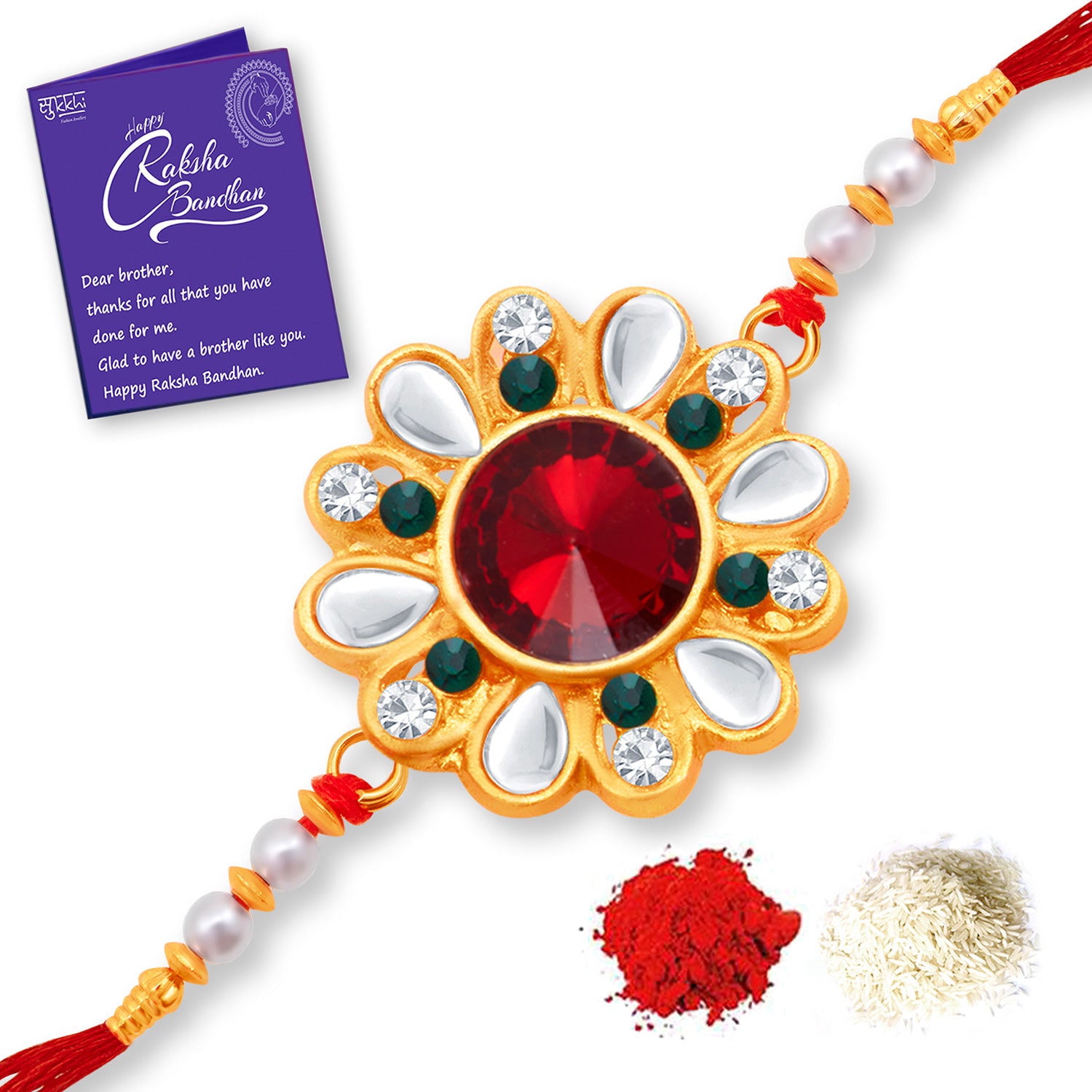 Sukkhi Exclusive Gold Plated Floral Rakhi Combo (Set of 3) with Roli Chawal and Raksha Bandhan Greeting Card For Men