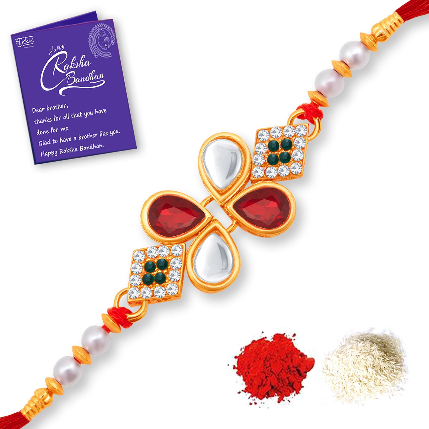 Sukkhi Exclusive Gold Plated Floral Rakhi Combo (Set of 3) with Roli Chawal and Raksha Bandhan Greeting Card For Men