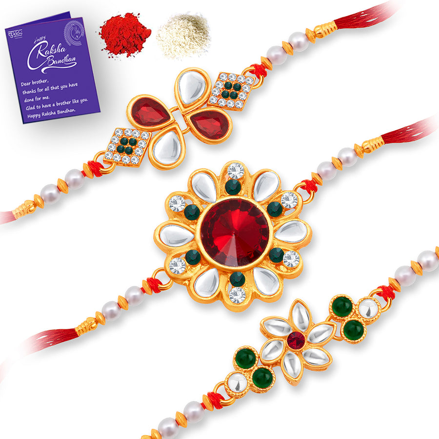 Sukkhi Exclusive Gold Plated Floral Rakhi Combo (Set of 3) with Roli Chawal and Raksha Bandhan Greeting Card For Men