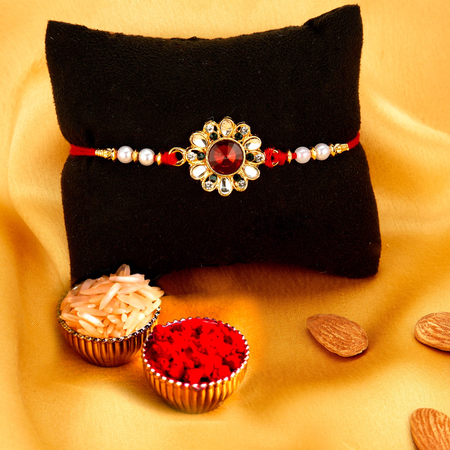 Sukkhi Exclusive Gold Plated Floral Rakhi Combo (Set of 3) with Roli Chawal and Raksha Bandhan Greeting Card For Men