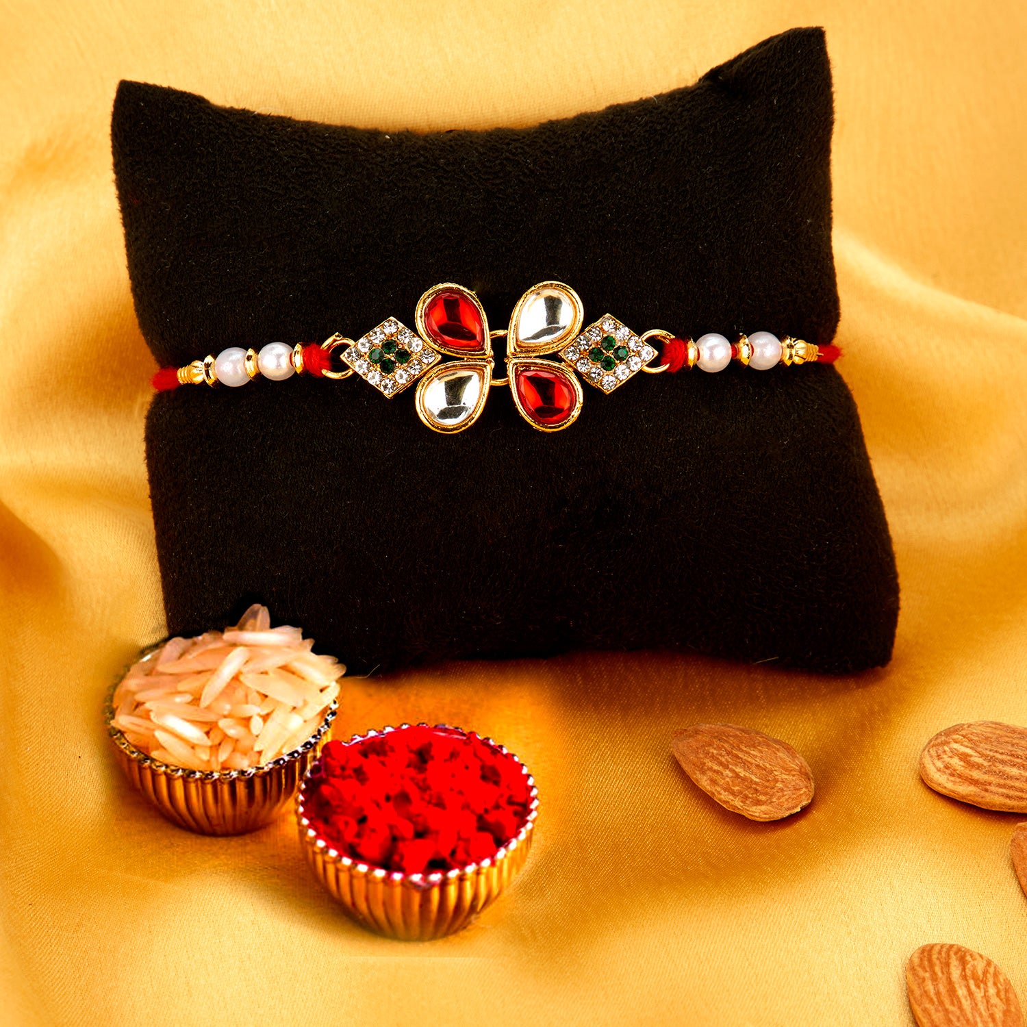 Sukkhi Exclusive Gold Plated Floral Rakhi Combo (Set of 3) with Roli Chawal and Raksha Bandhan Greeting Card For Men