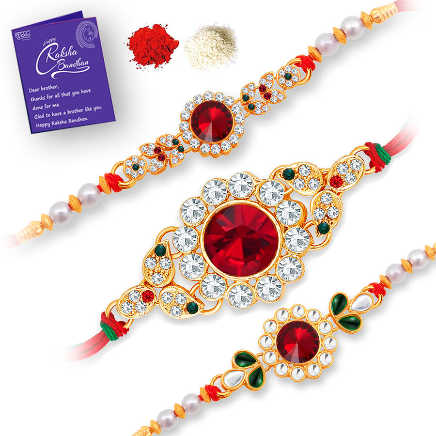 Sukkhi Elegant Gold Plated Rakhi Combo (Set of 3) with Roli Chawal and Raksha Bandhan Greeting Card For Men