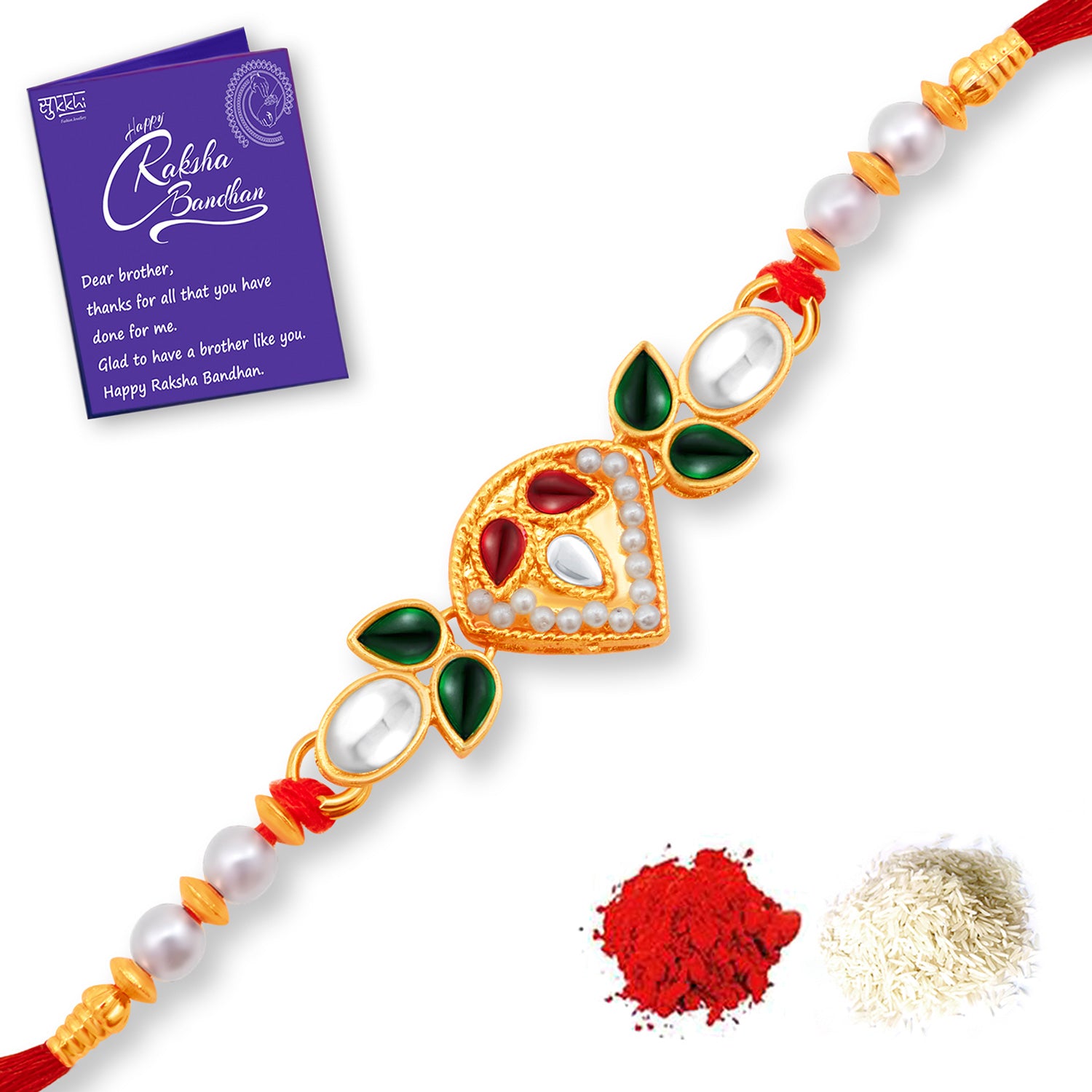 Sukkhi Designer Gold Plated Rakhi Combo (Set of 3) with Roli Chawal and Raksha Bandhan Greeting Card For Men