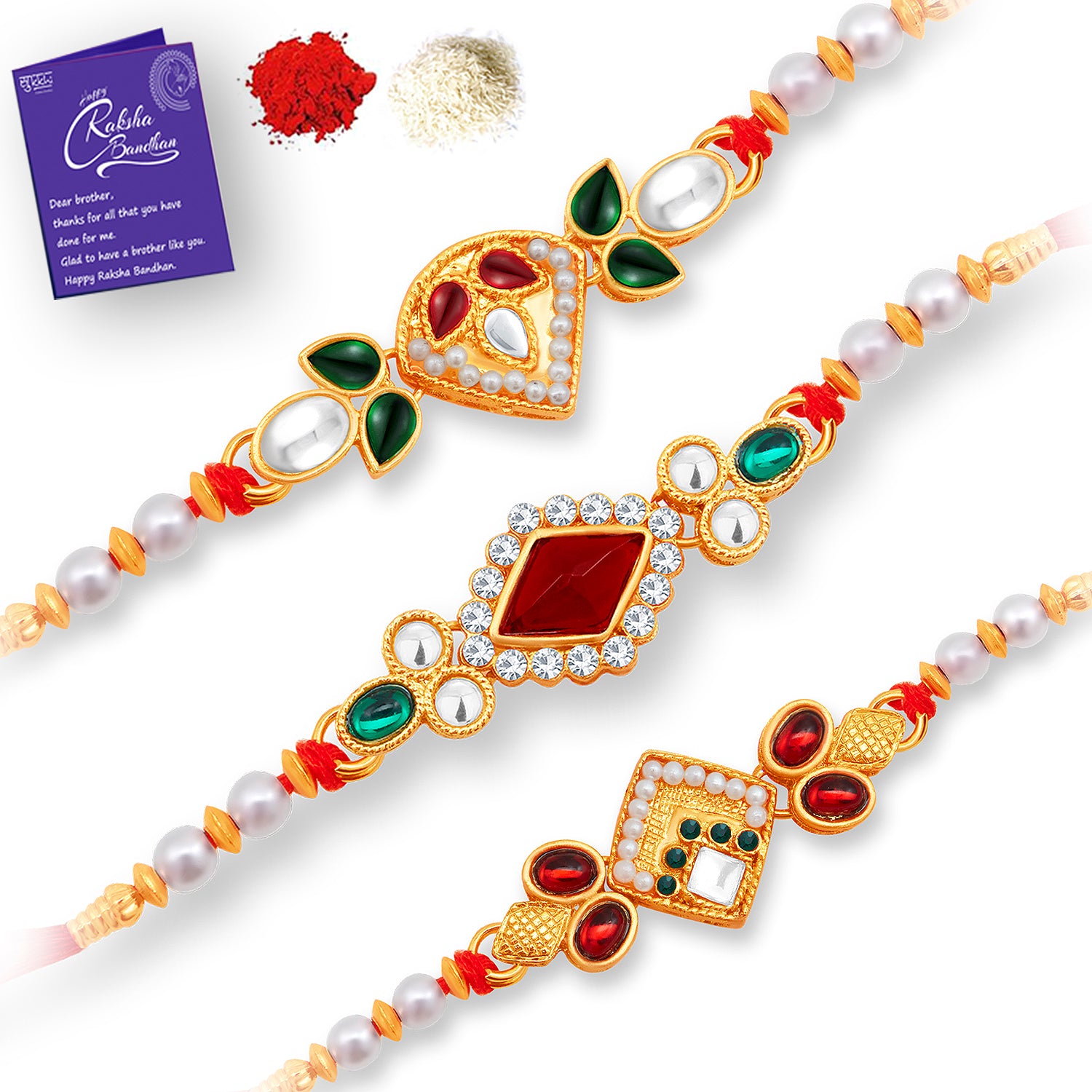 Sukkhi Designer Gold Plated Rakhi Combo (Set of 3) with Roli Chawal and Raksha Bandhan Greeting Card For Men