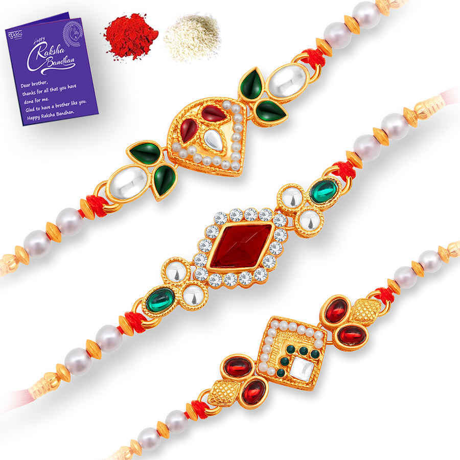 Sukkhi Designer Gold Plated Rakhi Combo (Set of 3) with Roli Chawal and Raksha Bandhan Greeting Card For Men