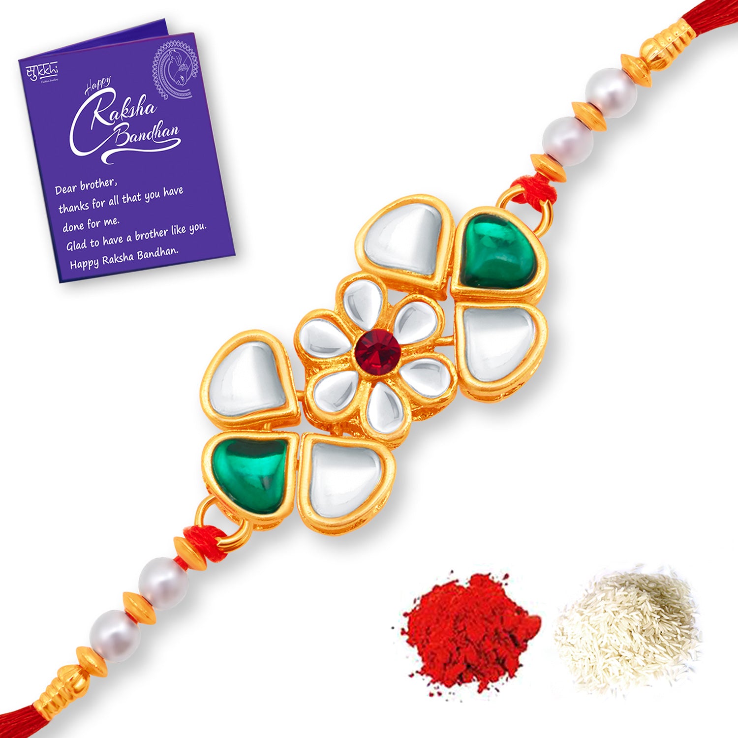 Sukkhi Marvelous Gold Plated Floral Rakhi Combo (Set of 3) with Roli Chawal and Raksha Bandhan Greeting Card For Men