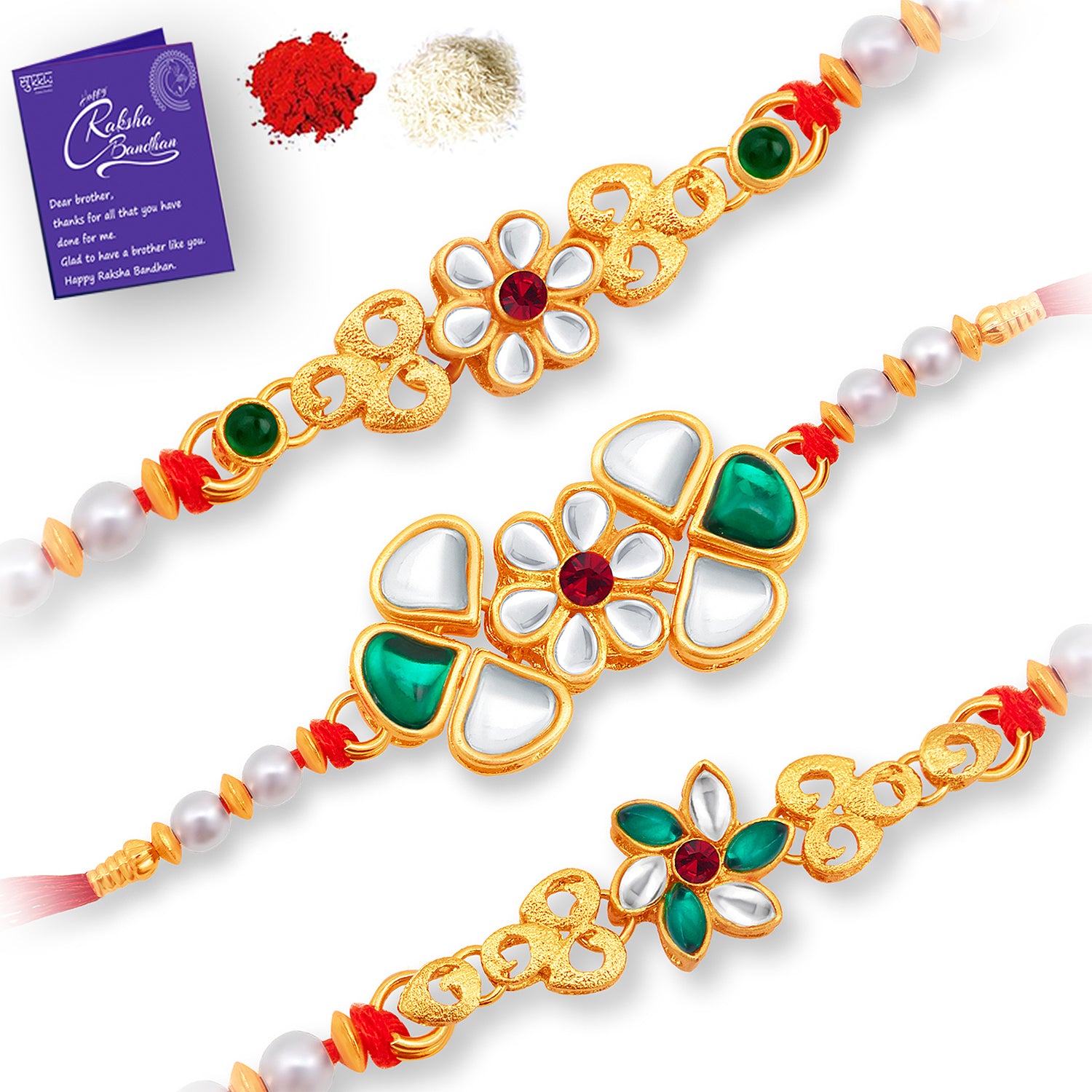 Sukkhi Marvelous Gold Plated Floral Rakhi Combo (Set of 3) with Roli Chawal and Raksha Bandhan Greeting Card For Men