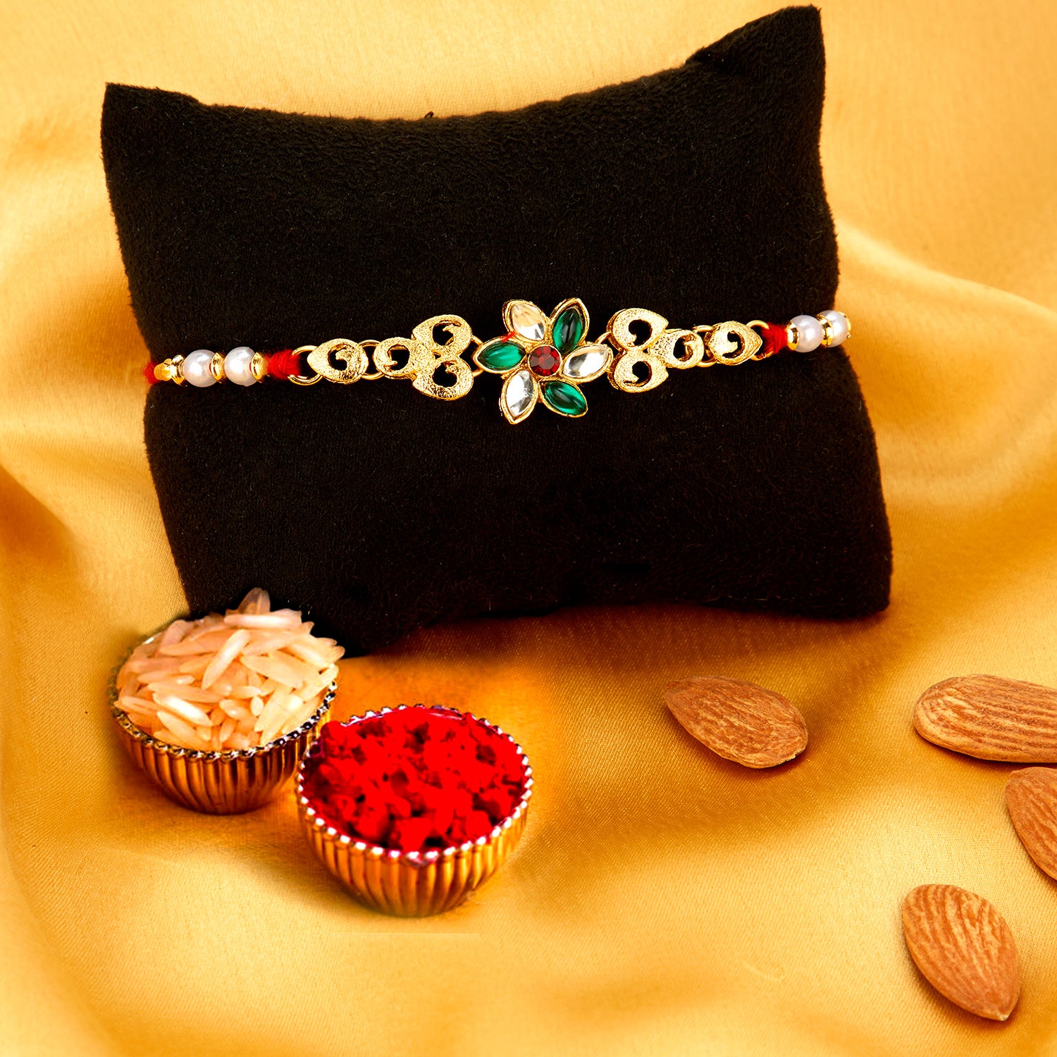 Sukkhi Marvelous Gold Plated Floral Rakhi Combo (Set of 3) with Roli Chawal and Raksha Bandhan Greeting Card For Men