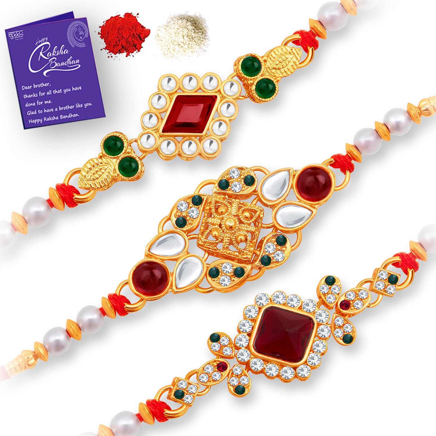Sukkhi Classy Gold Plated Rakhi Combo (Set of 3) with Roli Chawal and Raksha Bandhan Greeting Card For Men