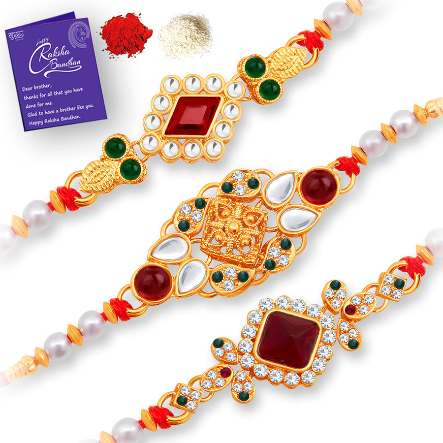 Sukkhi Classy Gold Plated Rakhi Combo (Set of 3) with Roli Chawal and Raksha Bandhan Greeting Card For Men