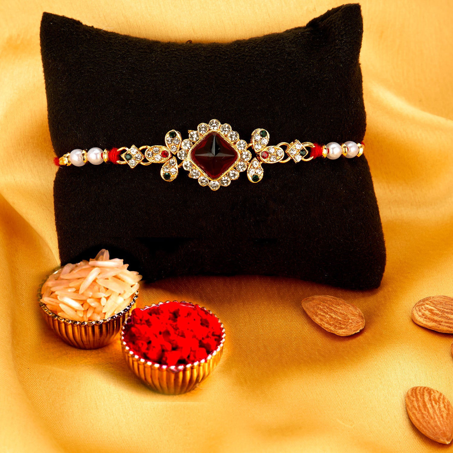 Sukkhi Classy Gold Plated Rakhi Combo (Set of 3) with Roli Chawal and Raksha Bandhan Greeting Card For Men