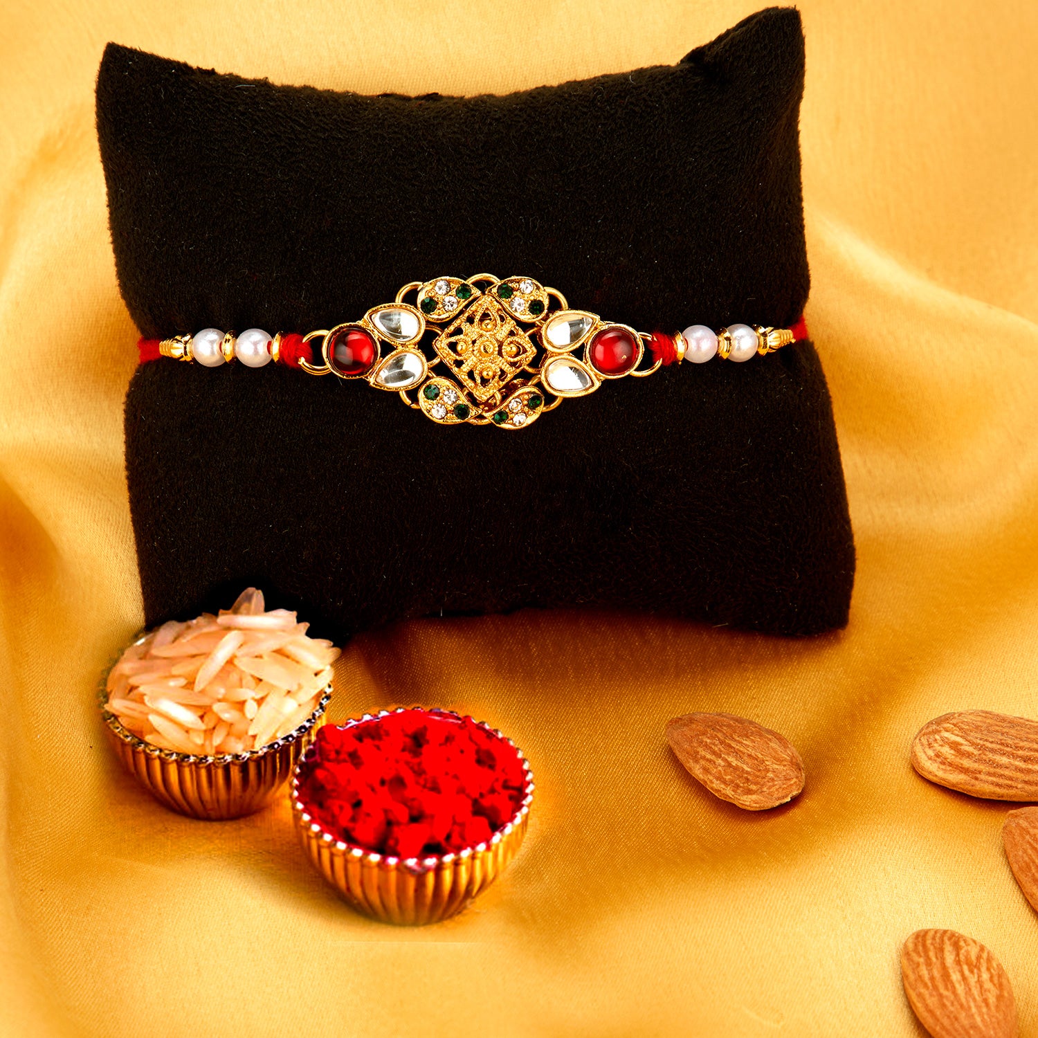 Sukkhi Classy Gold Plated Rakhi Combo (Set of 3) with Roli Chawal and Raksha Bandhan Greeting Card For Men