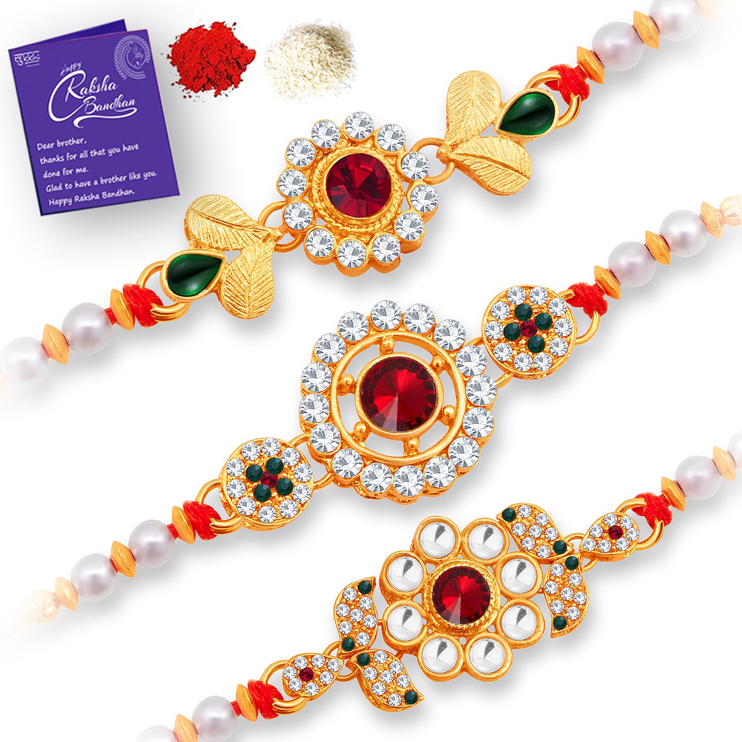 Sukkhi Sparkling Gold Plated Rakhi Combo (Set of 3) with Roli Chawal and Raksha Bandhan Greeting Card For Men