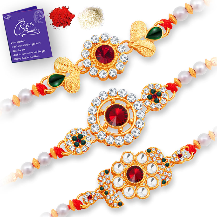 Sukkhi Sparkling Gold Plated Rakhi Combo (Set of 3) with Roli Chawal and Raksha Bandhan Greeting Card For Men
