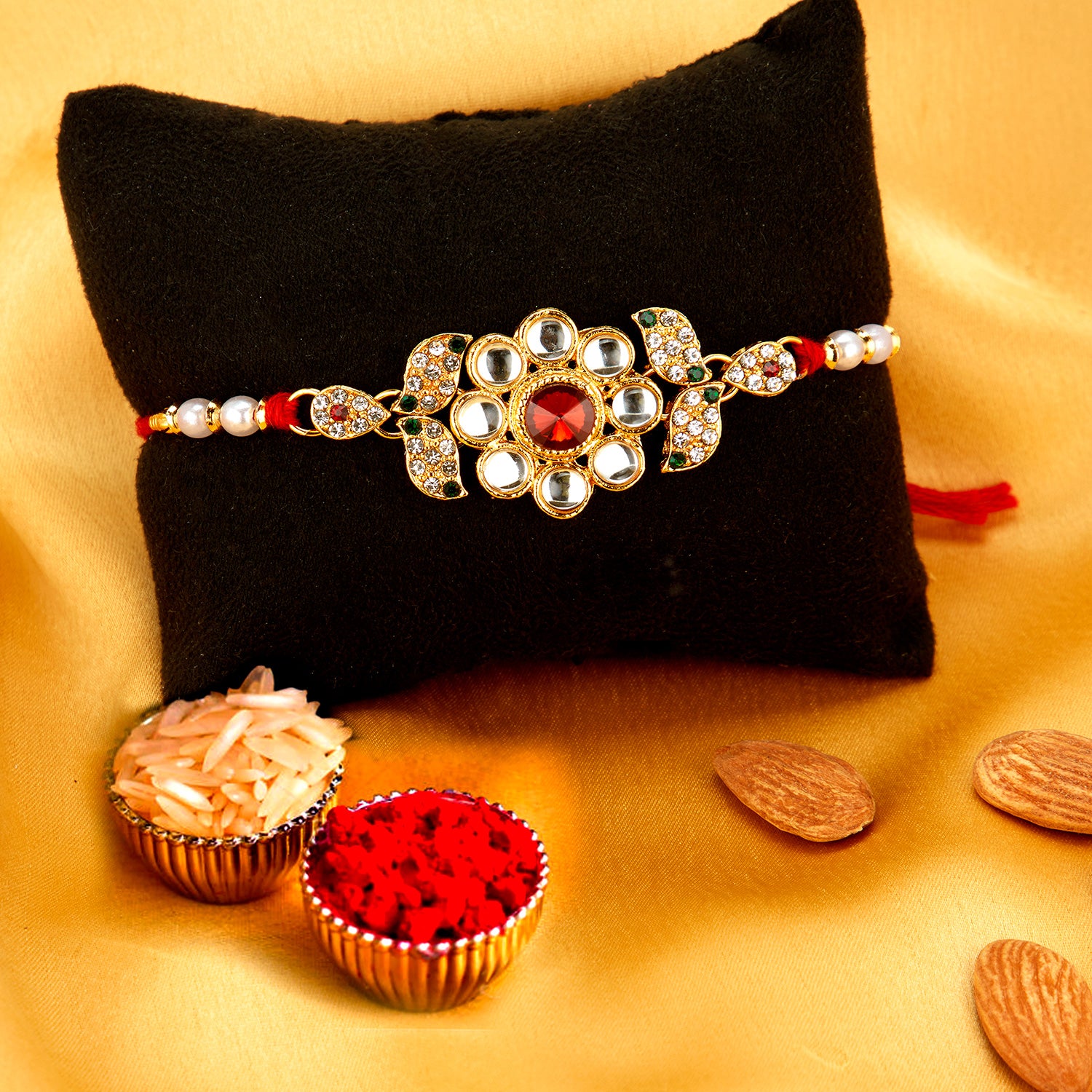 Sukkhi Sparkling Gold Plated Rakhi Combo (Set of 3) with Roli Chawal and Raksha Bandhan Greeting Card For Men