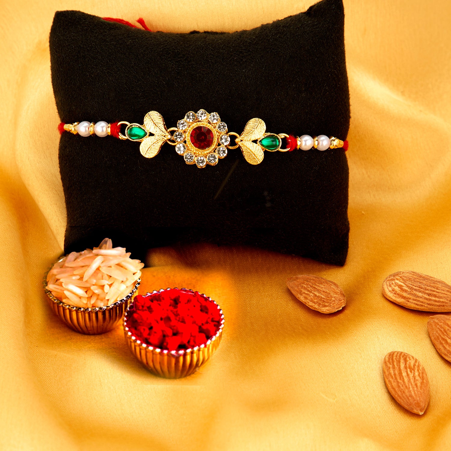 Sukkhi Sparkling Gold Plated Rakhi Combo (Set of 3) with Roli Chawal and Raksha Bandhan Greeting Card For Men