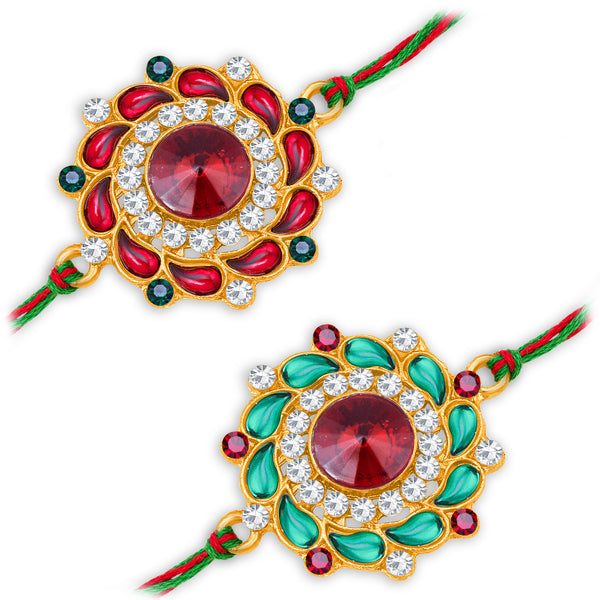 Sukkhi Trendy Gold Plated Floral Rakhi Combo (Set of 2) with Roli Chaw ...