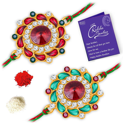 Sukkhi Trendy Gold Plated Floral Rakhi Combo (Set of 2) with Roli Chawal and Raksha Bandhan Greeting Card For Men