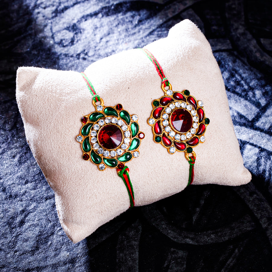 Sukkhi Trendy Gold Plated Floral Rakhi Combo (Set of 2) with Roli Chawal and Raksha Bandhan Greeting Card For Men