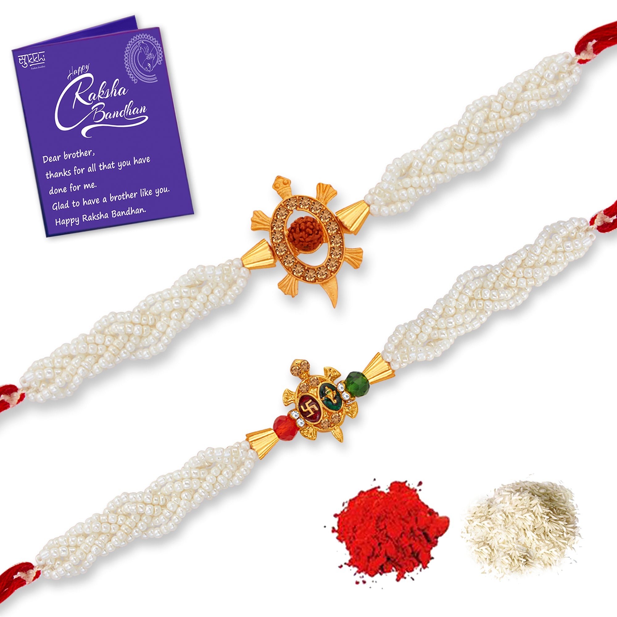 Sukkhi Glorious Gold Plated Turtle Rakhi Combo (Set of 2) with Roli Chawal and Raksha Bandhan Greeting Card For Men