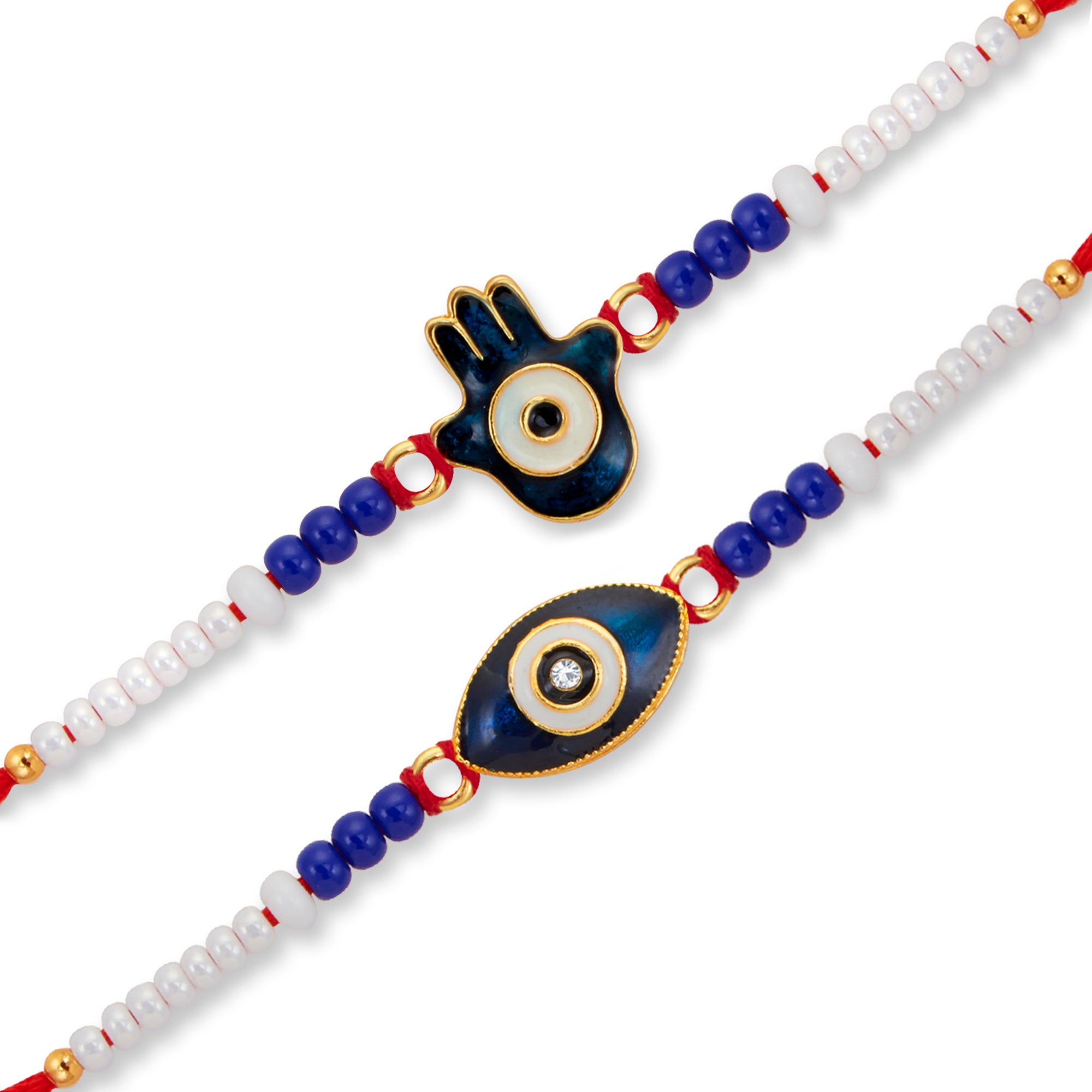 Sukkhi Lovely Gold Plated Evil Eye Rakhi Combo (Set of 2) with Roli Chawal and Raksha Bandhan Greeting Card For Men