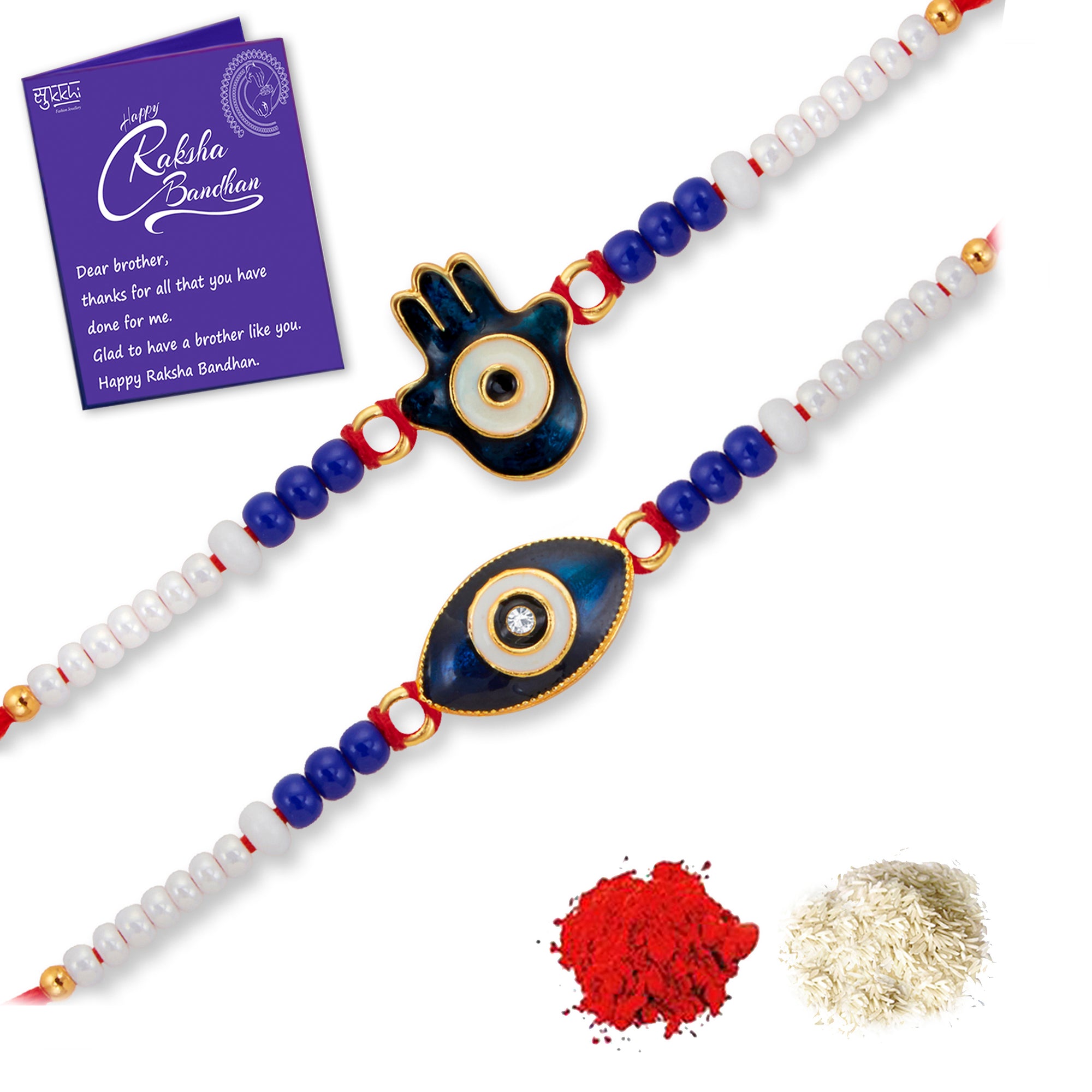 Sukkhi Lovely Gold Plated Evil Eye Rakhi Combo (Set of 2) with Roli Chawal and Raksha Bandhan Greeting Card For Men