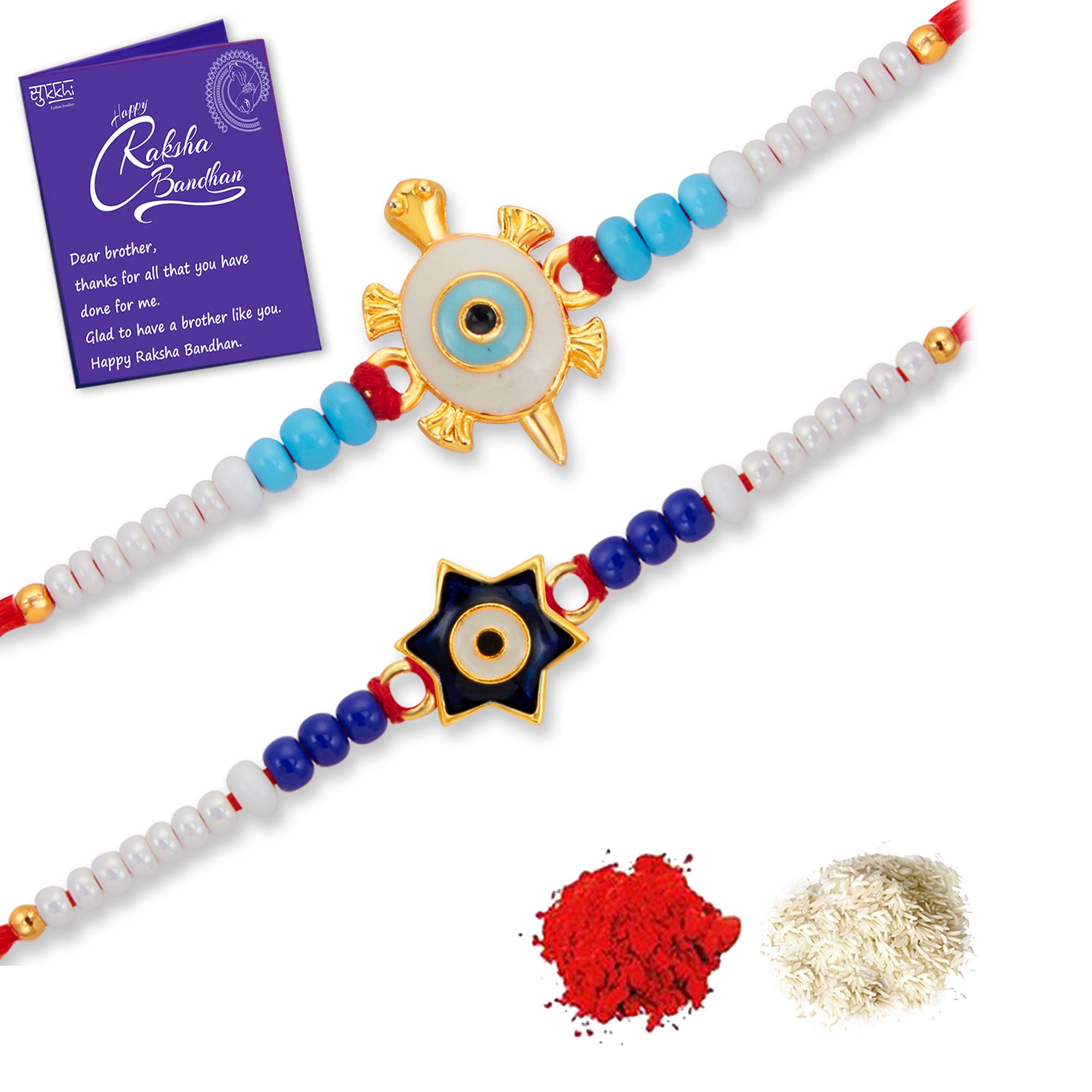Sukkhi Exclusive Gold Plated Turtle Rakhi Combo (Set of 2) with Roli Chawal and Raksha Bandhan Greeting Card For Men