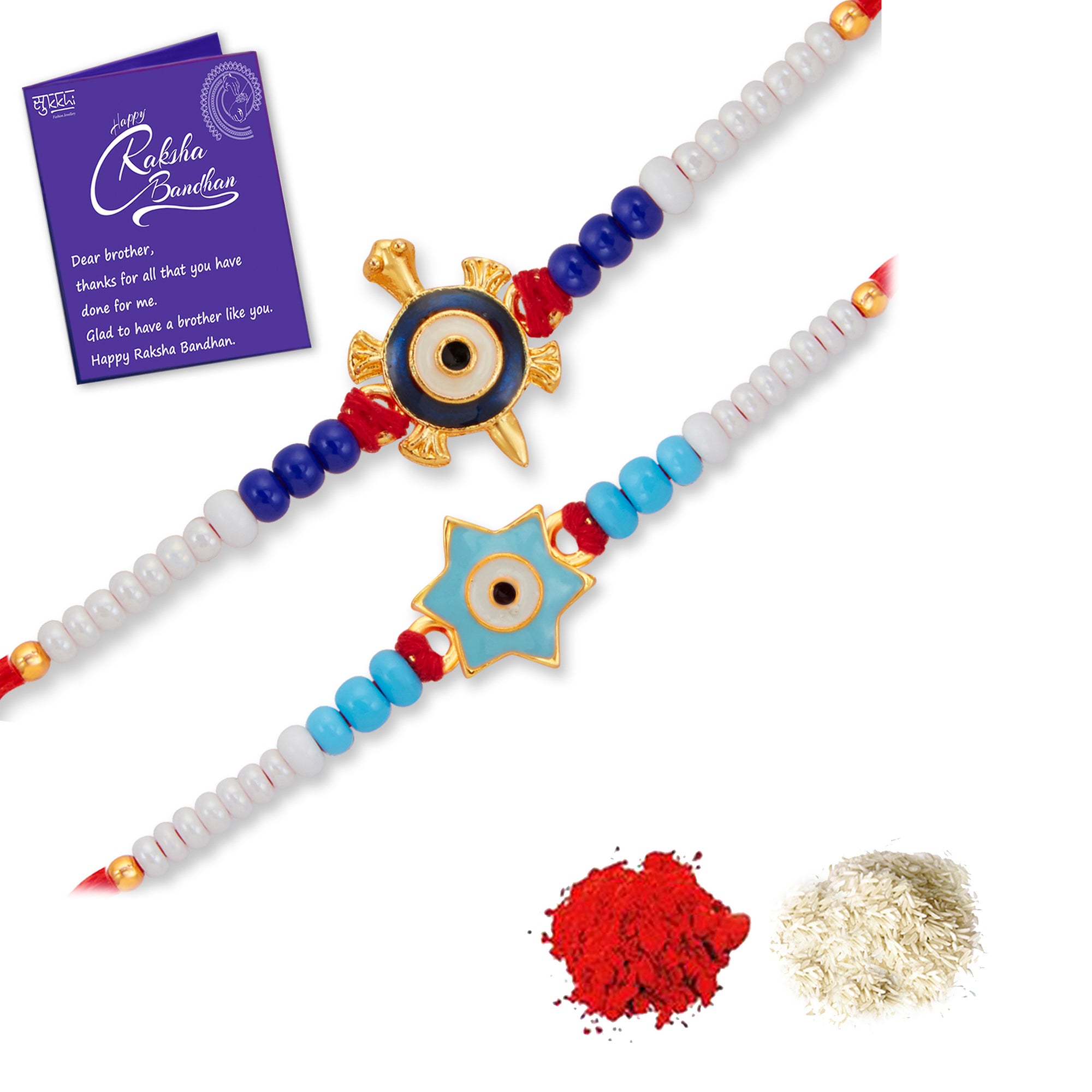 Sukkhi Classic Gold Plated Turtle Rakhi Combo (Set of 2) with Roli Chawal and Raksha Bandhan Greeting Card For Men