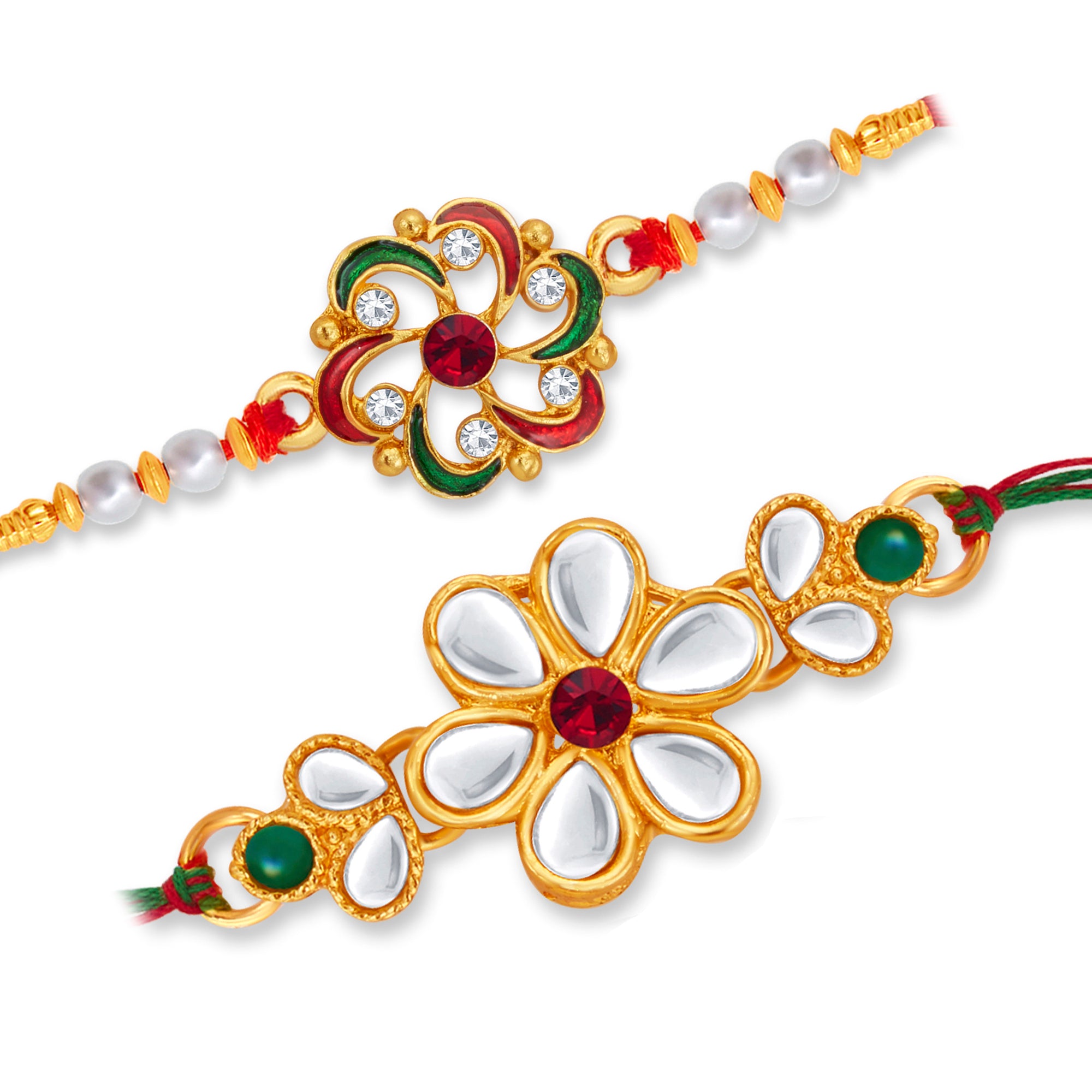 Sukkhi Lovely Gold Plated Floral Meenakari Rakhi Combo (Set of 2) with Roli Chawal and Raksha Bandhan Greeting Card For Men