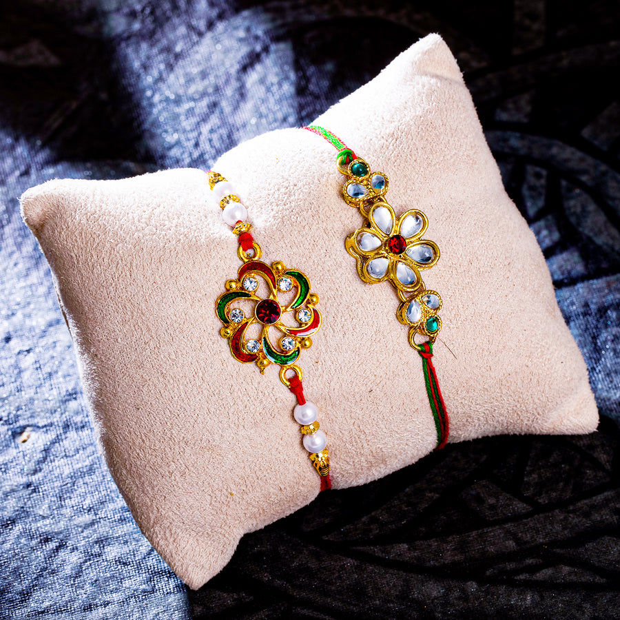 Sukkhi Lovely Gold Plated Floral Meenakari Rakhi Combo (Set of 2) with Roli Chawal and Raksha Bandhan Greeting Card For Men